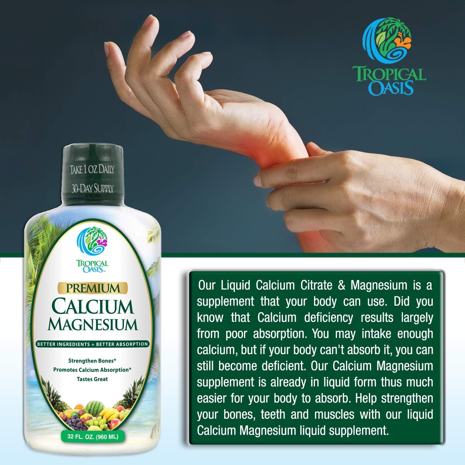 Tropical Oasis Liquid Calcium Magnesium - Natural Formula w/Support for Strong Bones - Liquid Vitamins w/Calcium