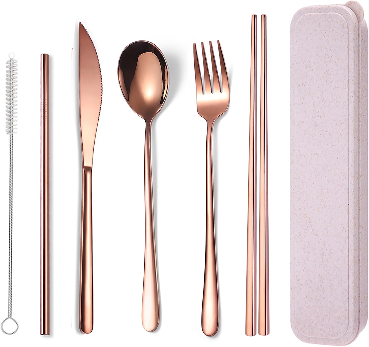 AARAINBOW 6 Pieces 18/8 Stainless Steel Flatware Set Portable Reusable Cutlery Set Travel Utensils Set Including Chopsticks Knife Fork Spoon Straws