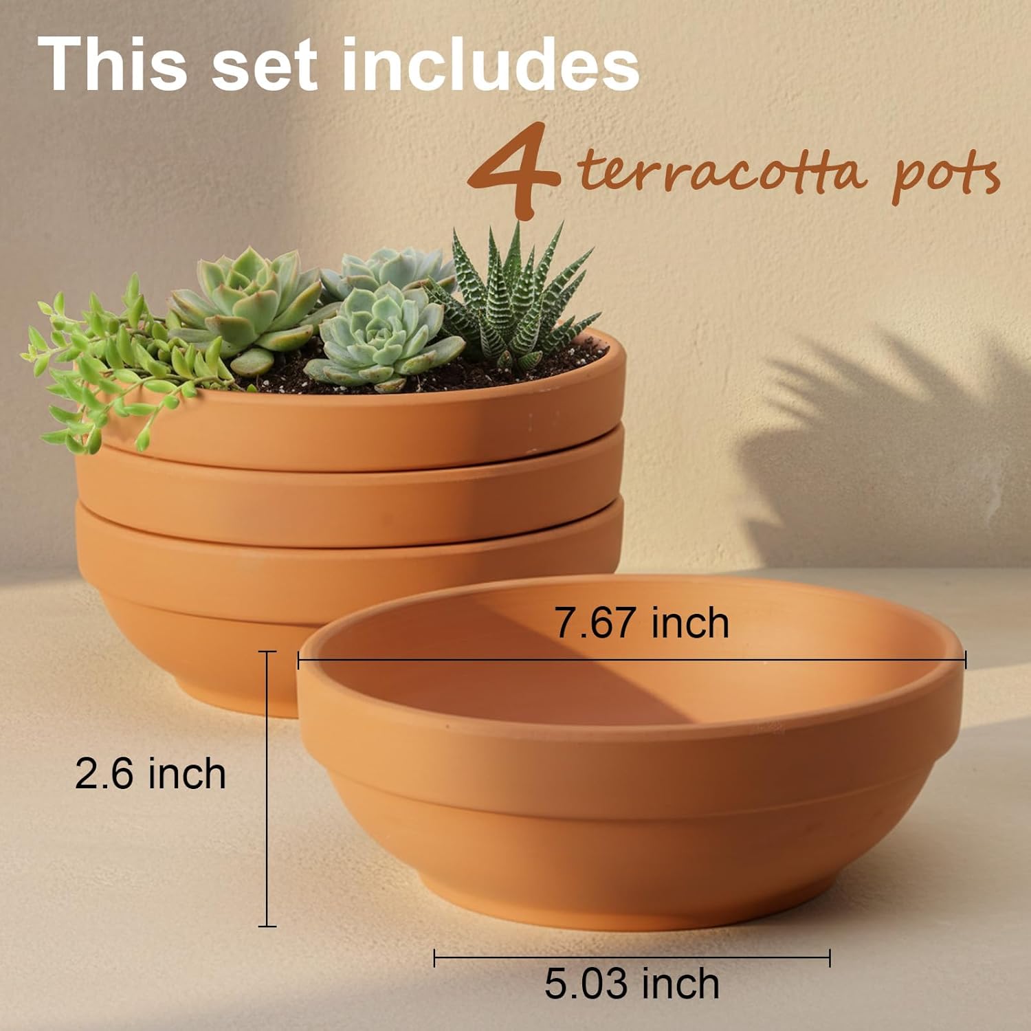 Laerjin Terracotta Pots, 6.43 Inch Shallow Pots with Drainage Hole, 6 Pack