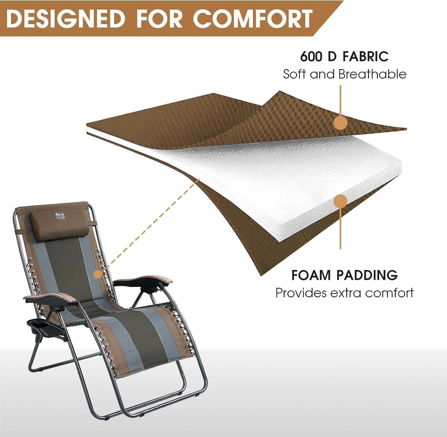 Timber Ridge Oversized Zero Gravity Chair, Padded Reclining Lounge Chair with Adjustable Headrest & Cup Holder, Heavy Duty Support 350 lbs