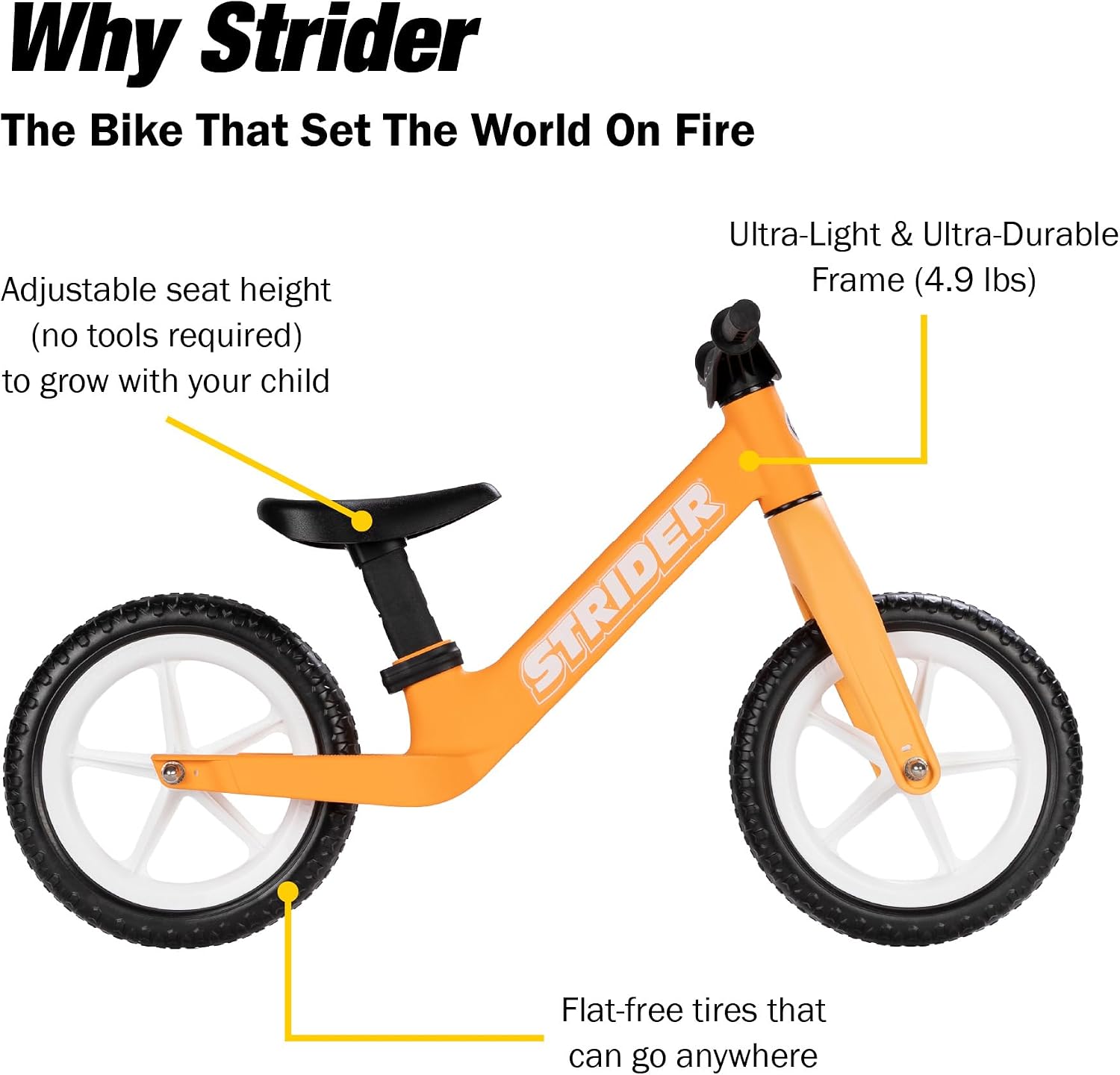 Strider 12 Comp, No Pedal Balance Bike for Kids Ages 1–3 Years | No-Pedal Composite Bike, Adjustable Seat, Lightweight Frame, Easy Assembly, Durable All-Weather Plastic, Never Flat Tires