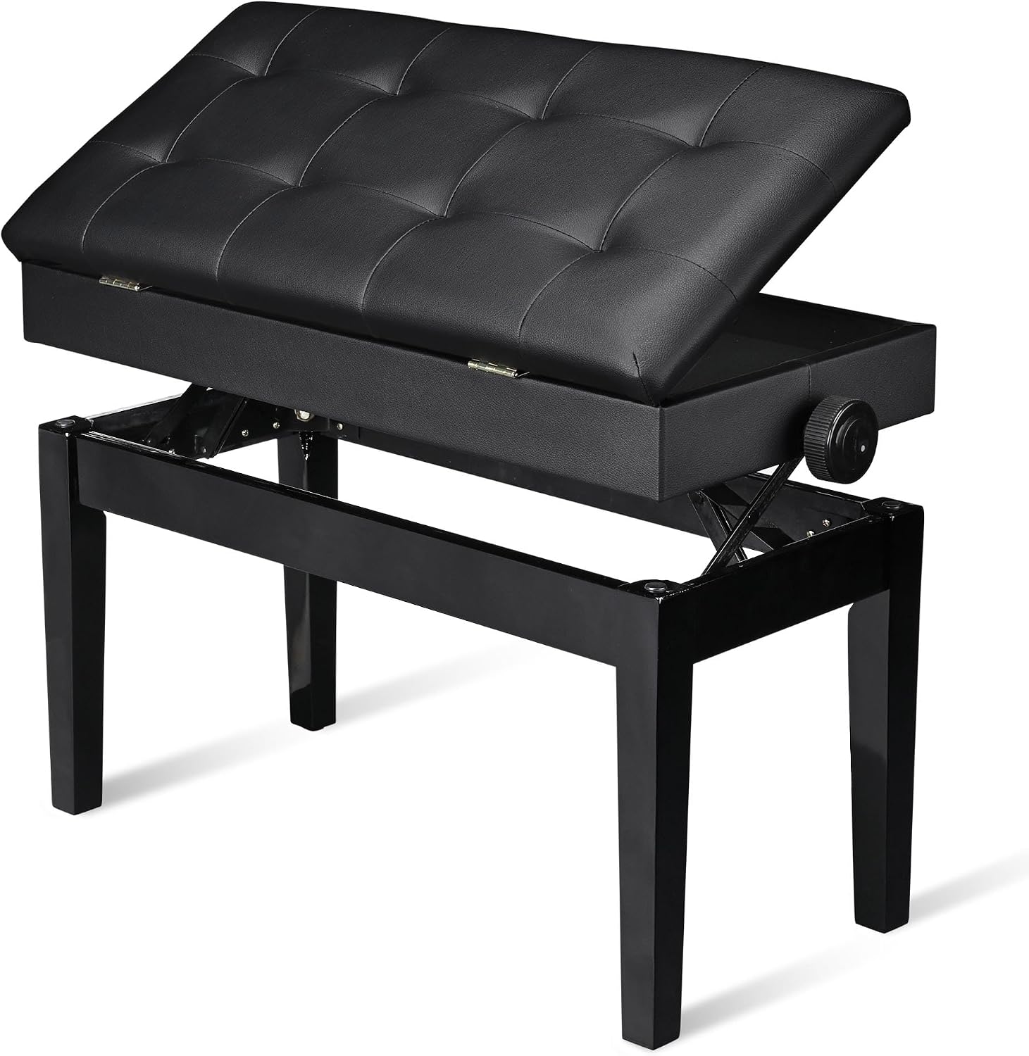 AW Adjustable Piano Bench with Storage Brown Wooden Keyboard Stool Seat | Leather Cushion Paino Chair for Piano Shop Music School Studio Capacity 400lbs
