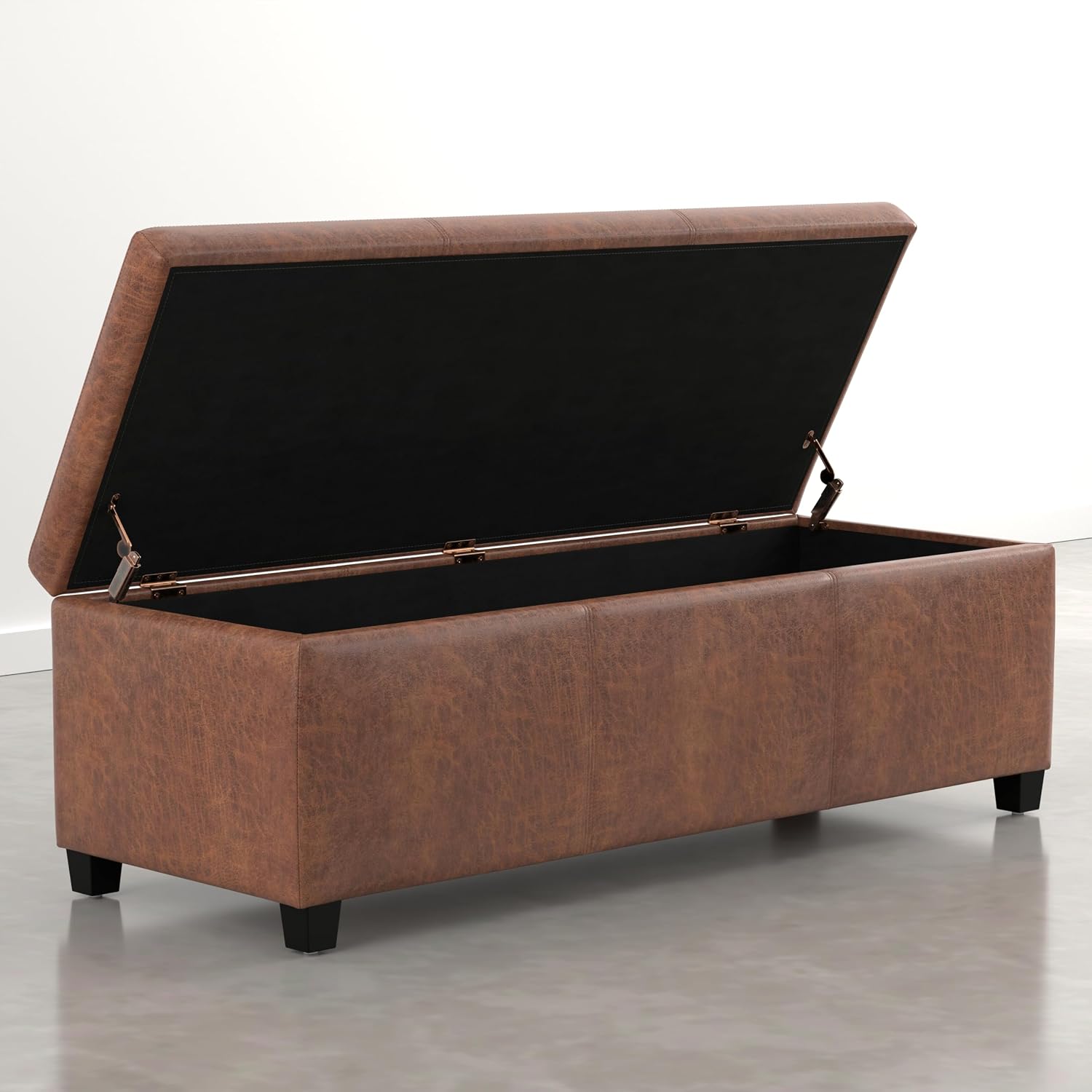 SIMPLIHOME Avalon 54" Wide Vegan Leather Storage Ottoman in Tanners Brown