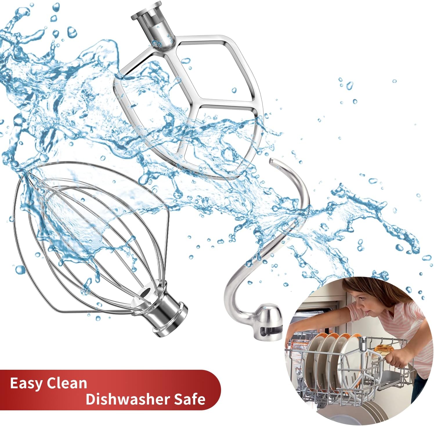 Stainless Steel Stand Mixer Attachments 3-Piece (4.5-5QT Flat Beater, 4.5-5QT Dough Hook, K45WW 6-Wire Whip Attachment) for KitchenAid Tilt-Head Stand Mixer and 4.5-5 Quart Bowl, Dishwasher Safe