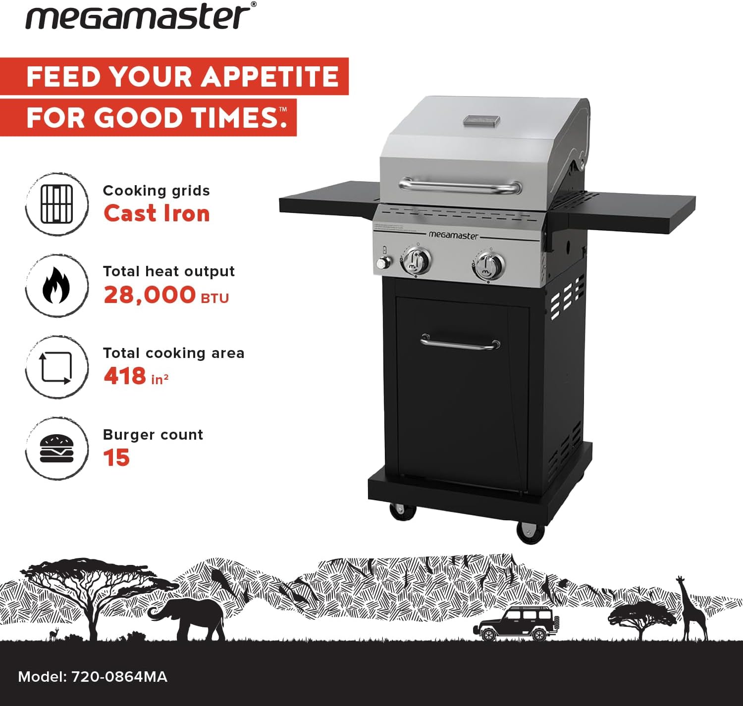 Megamaster Deluxe 2 Burner Gas Grill, Foldable Shelves with Warming Rack | Offers 28000 BTU, Built-In Thermometer, Electronic Ignition