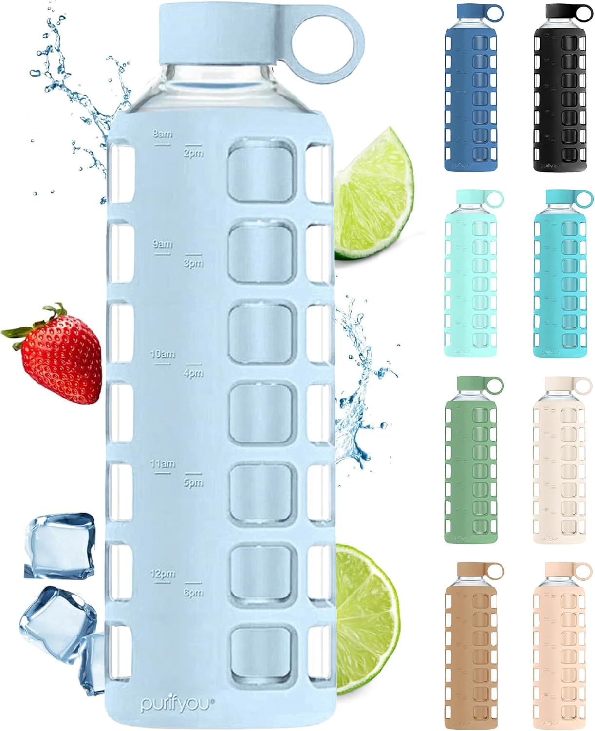 purifyou 40oz / 32oz / 22oz / 12oz Borosilicate Glass Water Bottle with Time & Volume Markers, Silicone Sleeve