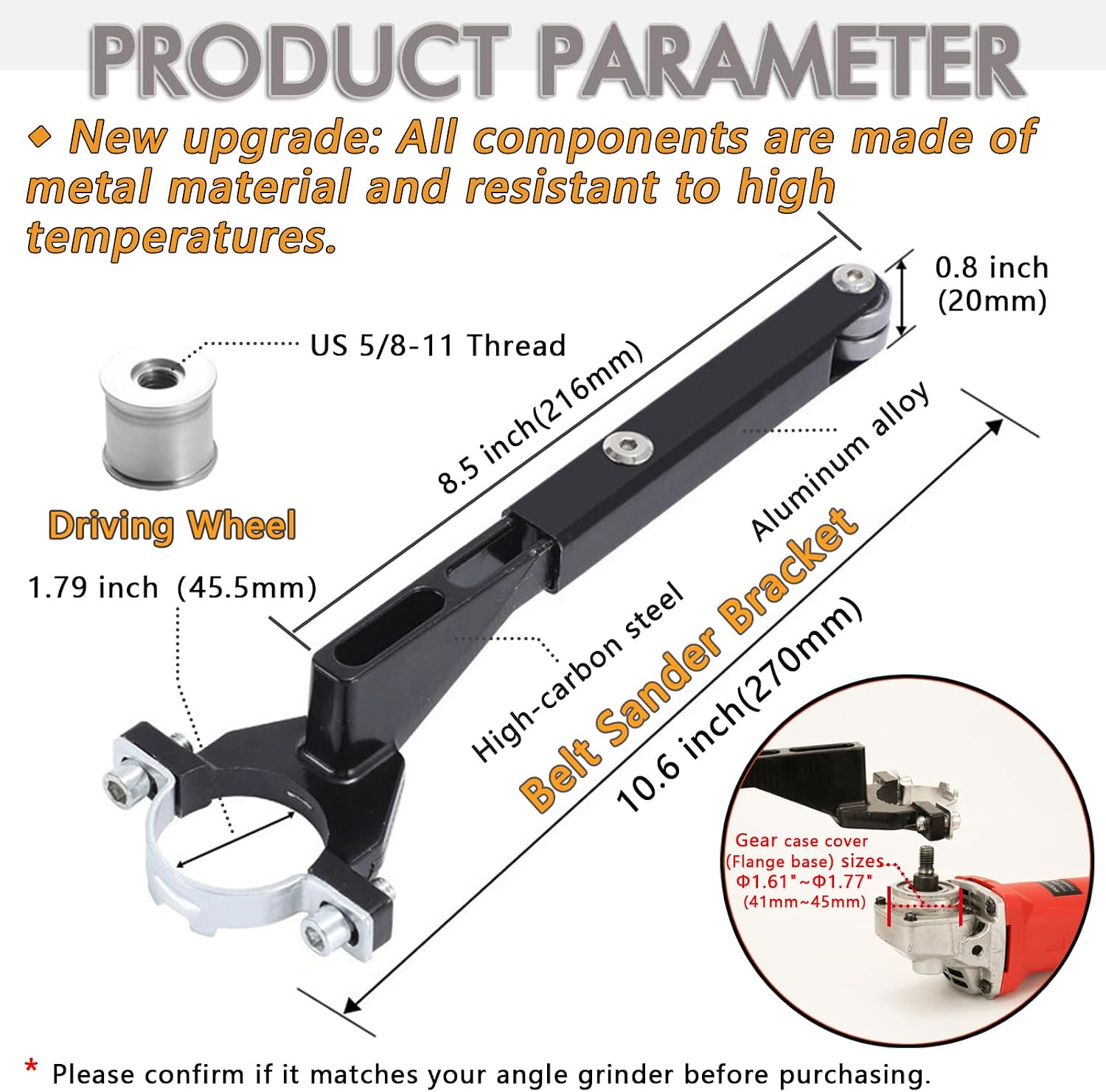 Belt Sander Attachments for Angle Grinder,3/4 x 20.5" Detailing Bandfile Sander Adapter,US 5/8-11 Thread,Suitable for Welding Points Grinding,Woodworking and Metal Rust Removal.(∅45mm)