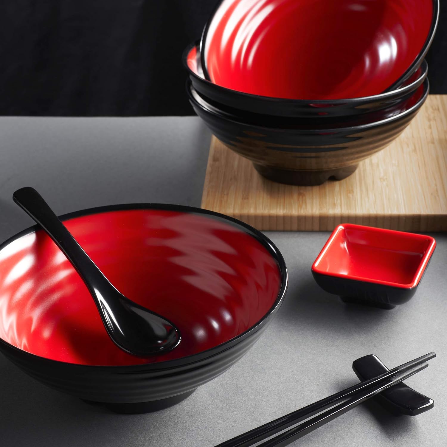Unbreakable Ramen Bowl Set with Chopsticks and Spoon: 2 large Japanese Style Melamine Ramen Bowls