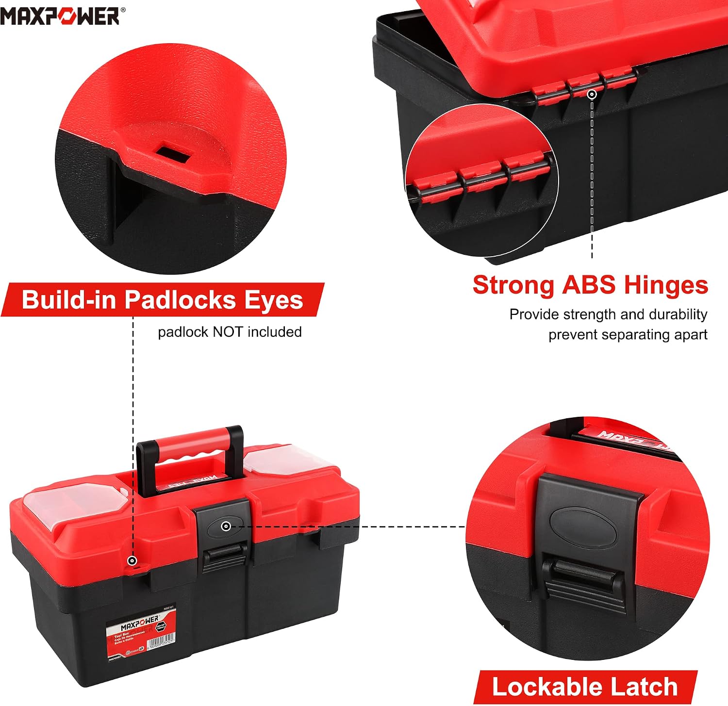 MAXPOWER Small Tool Box, 14-inch Plastic Tool Boxes with Handle | Removable Tray with Dual Lock Secured, Red Toolbox for Home