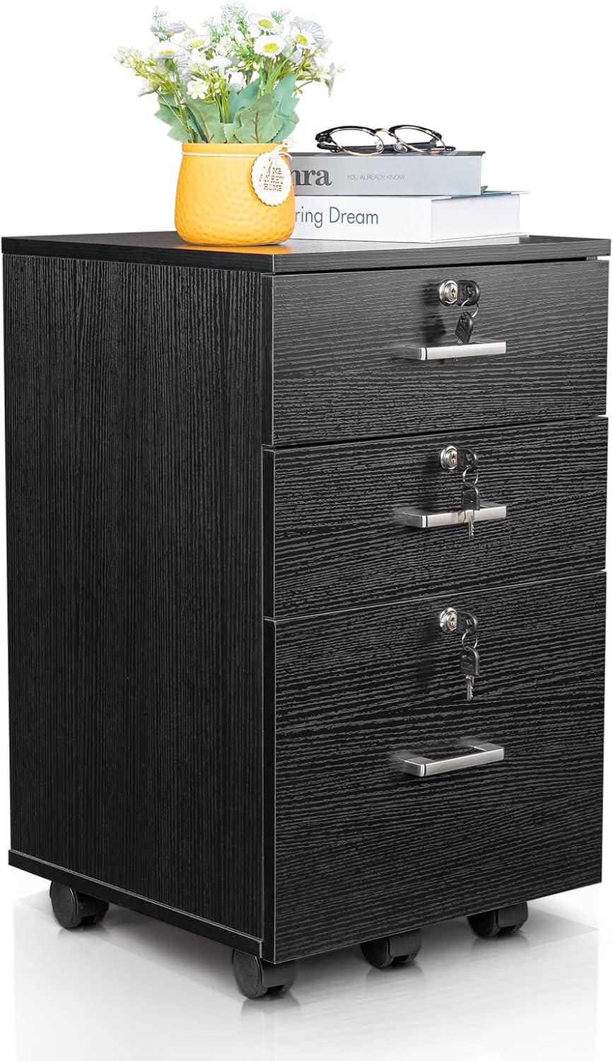 Karl home Wooden File Cabinet, 3 Drawer Vertical File Cabinets with 3 Lock | Printer Stand Mobile Storage Cabinet, Filing Storage Drawer for Home