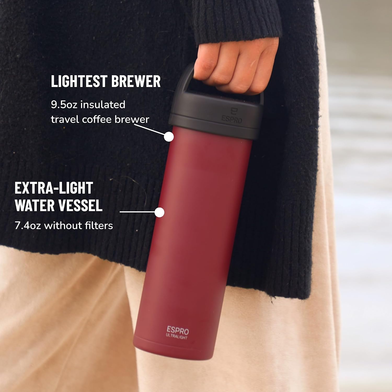 ESPRO Go P0 Ultralight French Press Coffee Maker for Travel, Vacuum Insulated Stainless Steel, 16 Ounces, Matte Meteorite Black