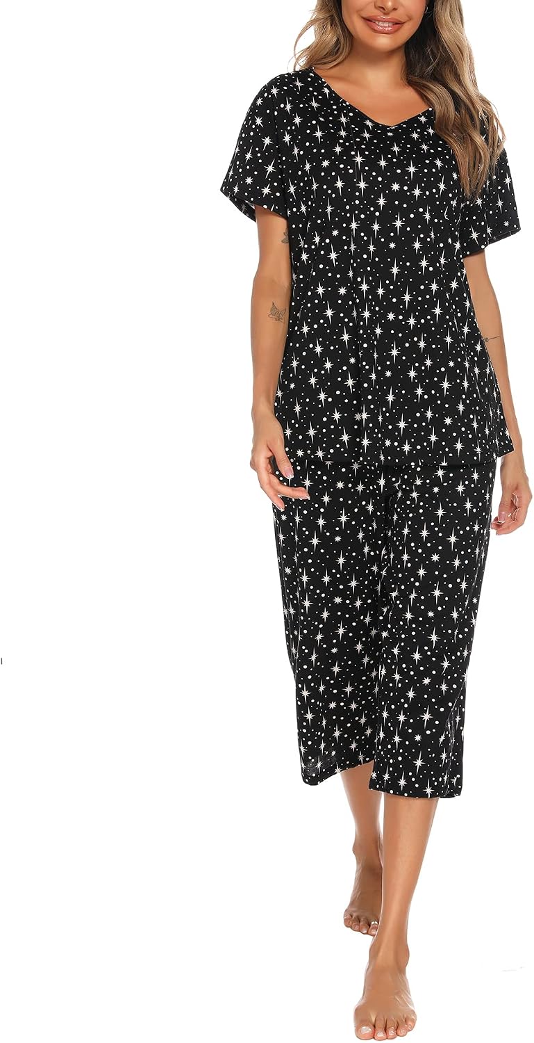 ENJOYNIGHT Womens Pajama Set Cotton Summer Pj Top with Capri Pant Sleepwear