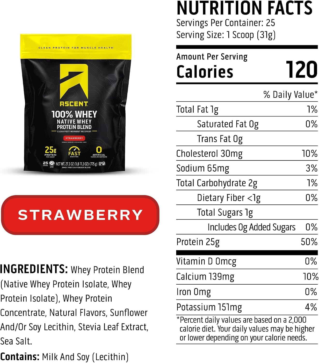 Ascent 100% Whey Protein Powder - Post Workout Whey Protein Isolate, Zero Artificial Flavors & Sweeteners, Gluten Free, 5.5g BCAA, 2.6g Leucine, Unflavored 2 lb