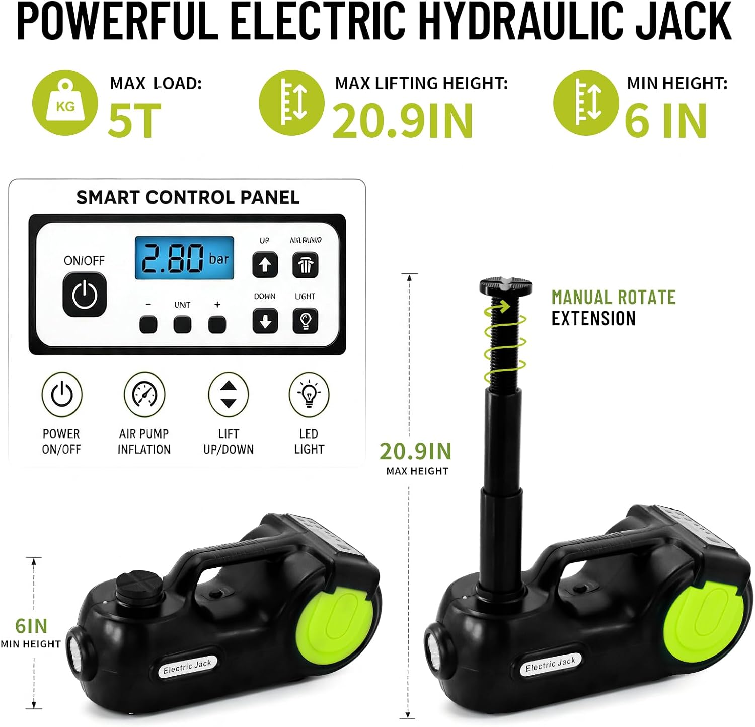 E-HEELP Electric Car Jack Kit 5 Ton 12V with Impact Wrench, 6.1-17.7 in