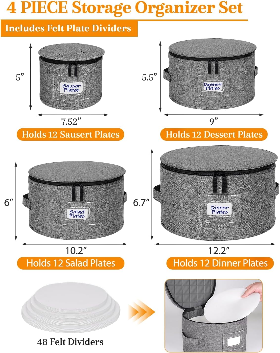China Storage Containers, 4-Pack Hard Shell Plate & Dish Cases for Moving | Padded dividers and quilted lining protect plates and dishes; stackable for moving and holiday storage, beige hold set of 12