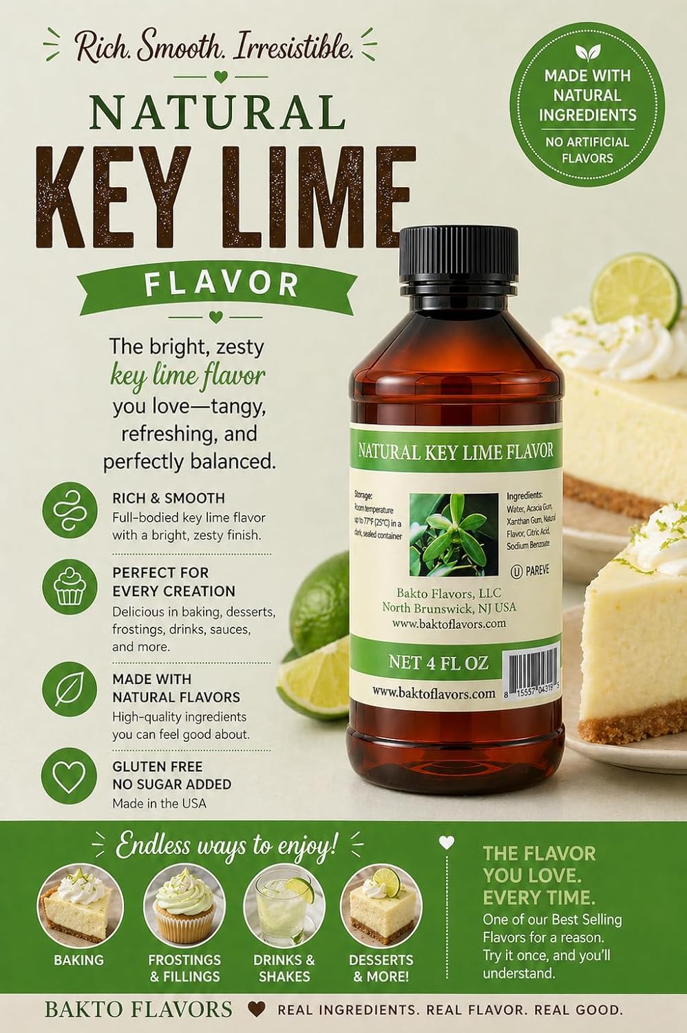 Bakto Flavors Natural Key Lime Flavor Emulsion, 4 Fluid Ounces