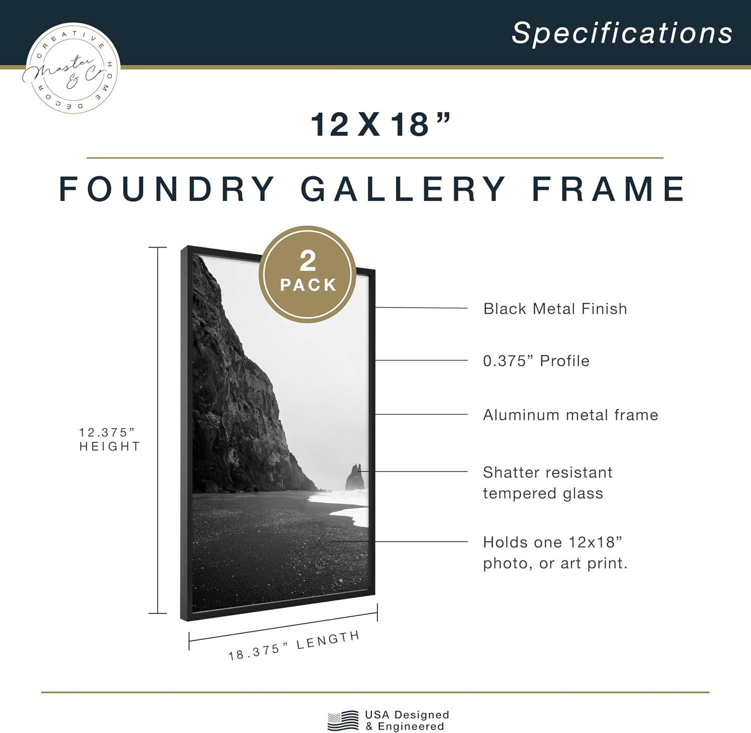 MCS Master & Co. Foundry Metal Picture Frame, 12x12 Matted to 8x8