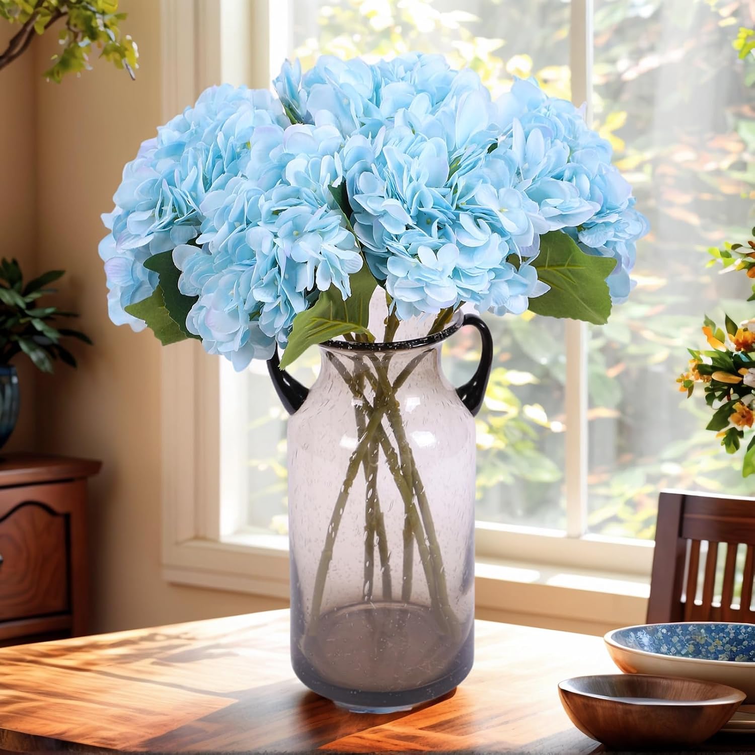 Kimura's Cabin 6pcs Silk Hydrangeas Artificial Flowers,Deep Lake Blue
