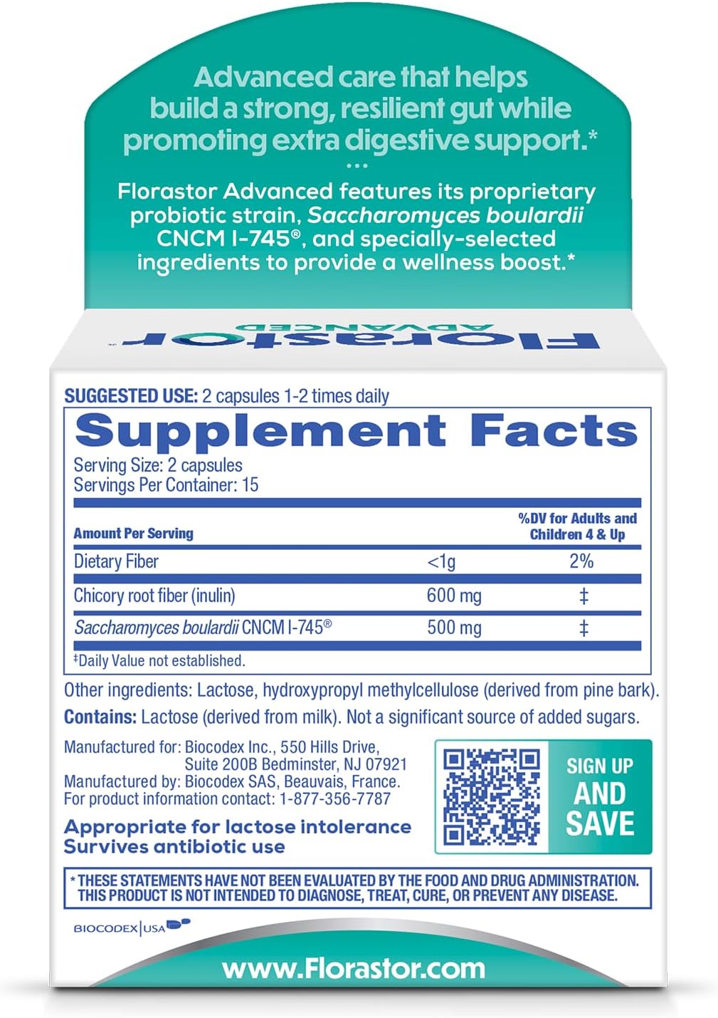 Florastor Advanced Pro+Pre Daily Probiotic and Prebiotic, 30 Capsules | Boosts Good Bacteria with Saccharomyces Boulardii CNCM I-745