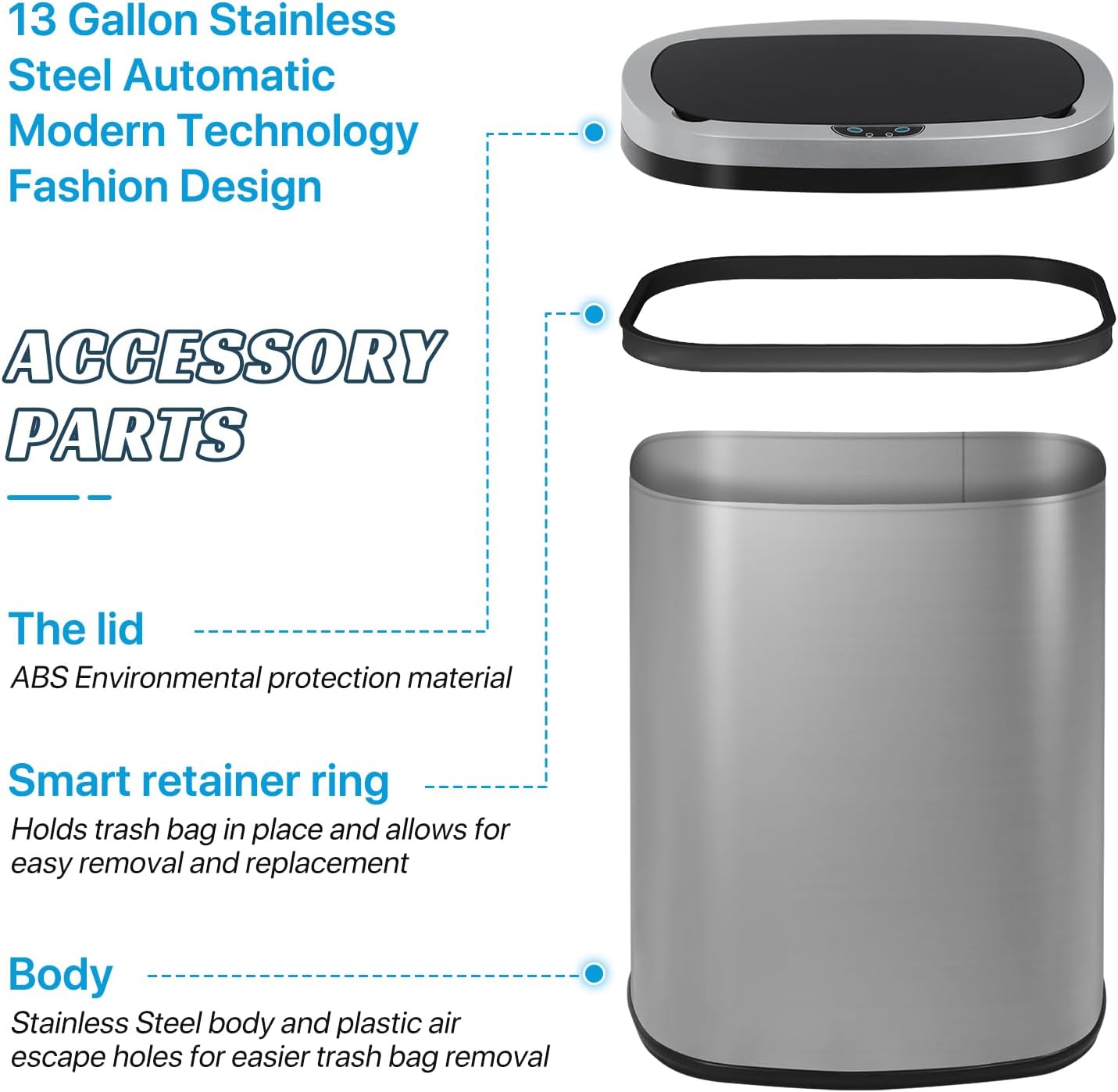 Kitchen Trash Can | Stainless Steel 13 Gallon Trash Can | 50L Touch Free Garbage Can with Lid | Electronic Sensor High Capacity Trash Bin for