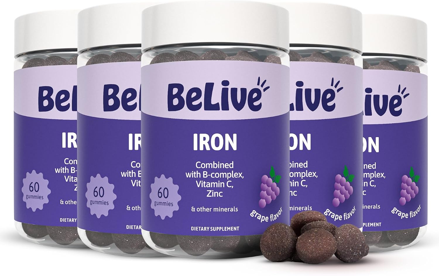 Belive Iron Gummies, Multivitamin Supplement, Blood Oxygen Support, 60 Ct | With Vitamin C, B Complex, Folate, and Zinc for Women, Men & Kids for Growth and Development, Grape Flavor