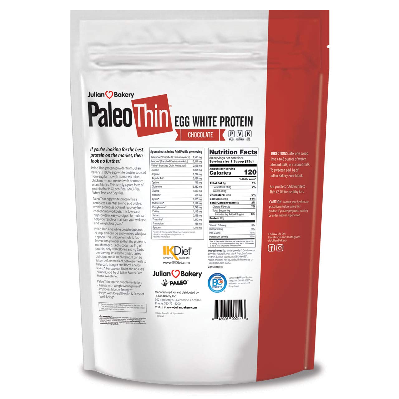 Julian Bakery Paleo Thin Protein Powder | Chocolate | Egg White | Soy Free | 22g Egg White Protein | 3 Net Carbs | 2.18 LBS | 30 Servings