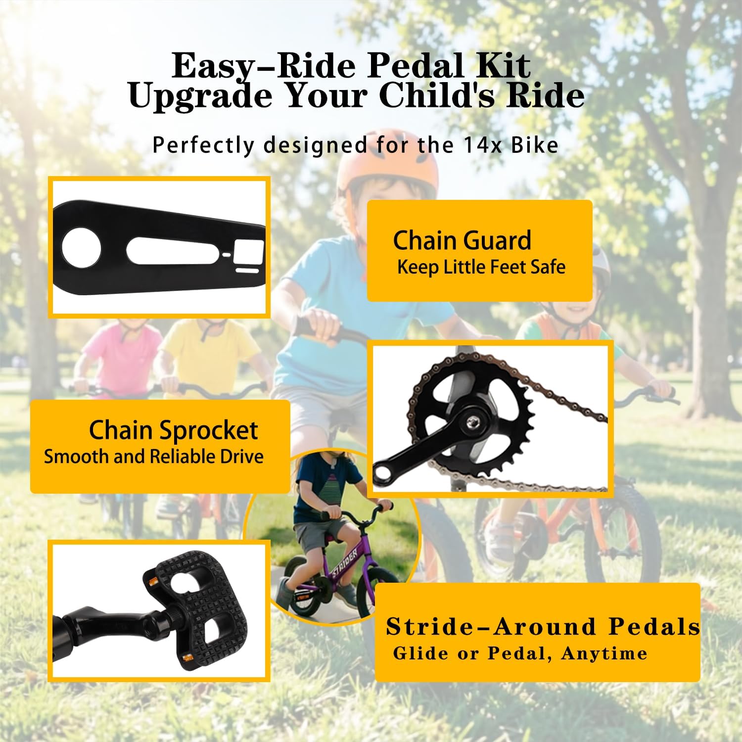 Balance Bike Pedal Kit Convert Balance Bike to Pedal Bike for Strider 14x Balance Bike Easy Assembly and Adjustments with Bike Chain Guard