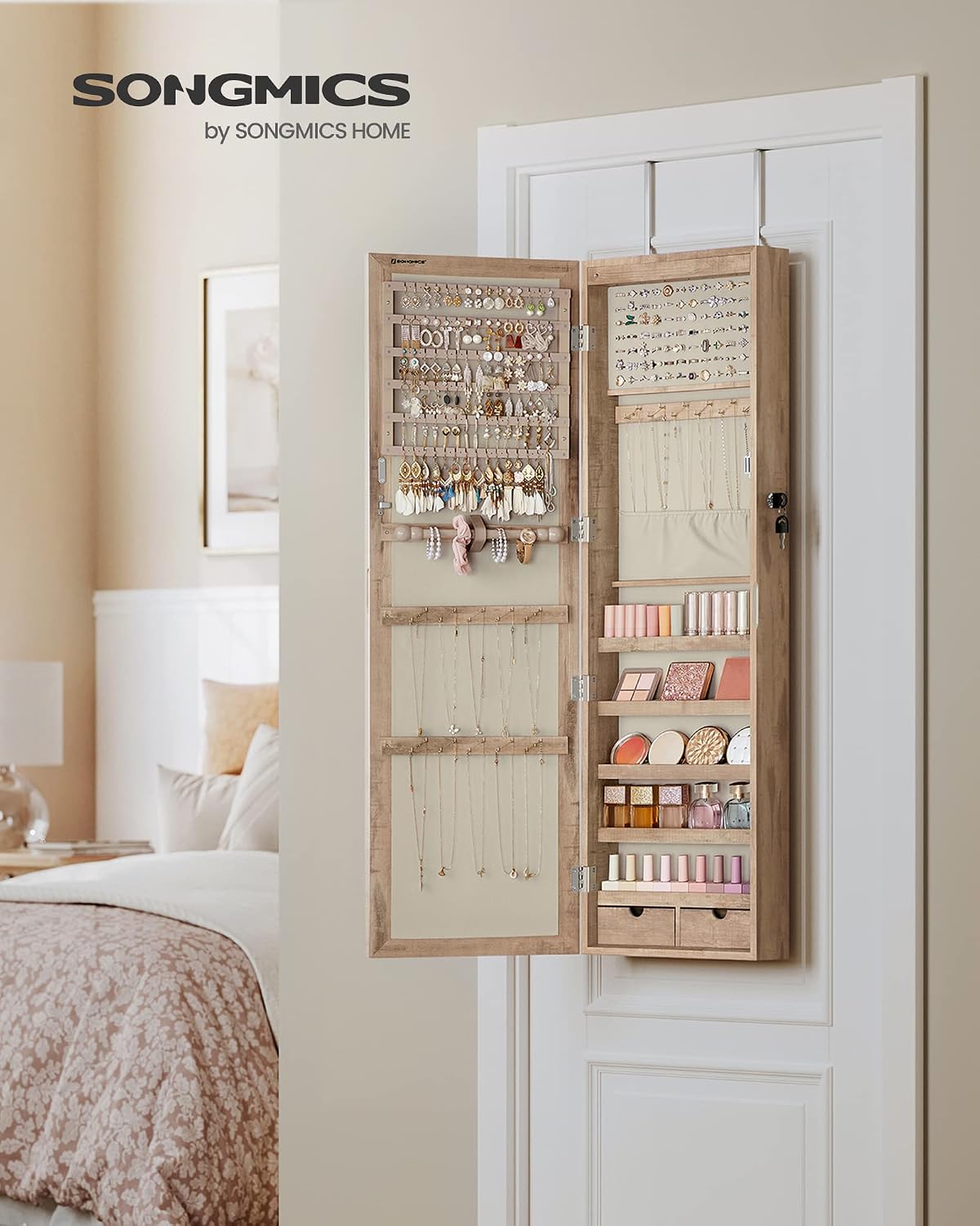 SONGMICS 6 LEDs Mirror Jewelry Cabinet, 47.2-Inch Tall Lockable Wall or Door Mounted Jewelry Armoire Organizer with Mirror, 2 Drawers, 3.9 x 14.6 x 47.2 Inches, White UJJC93W