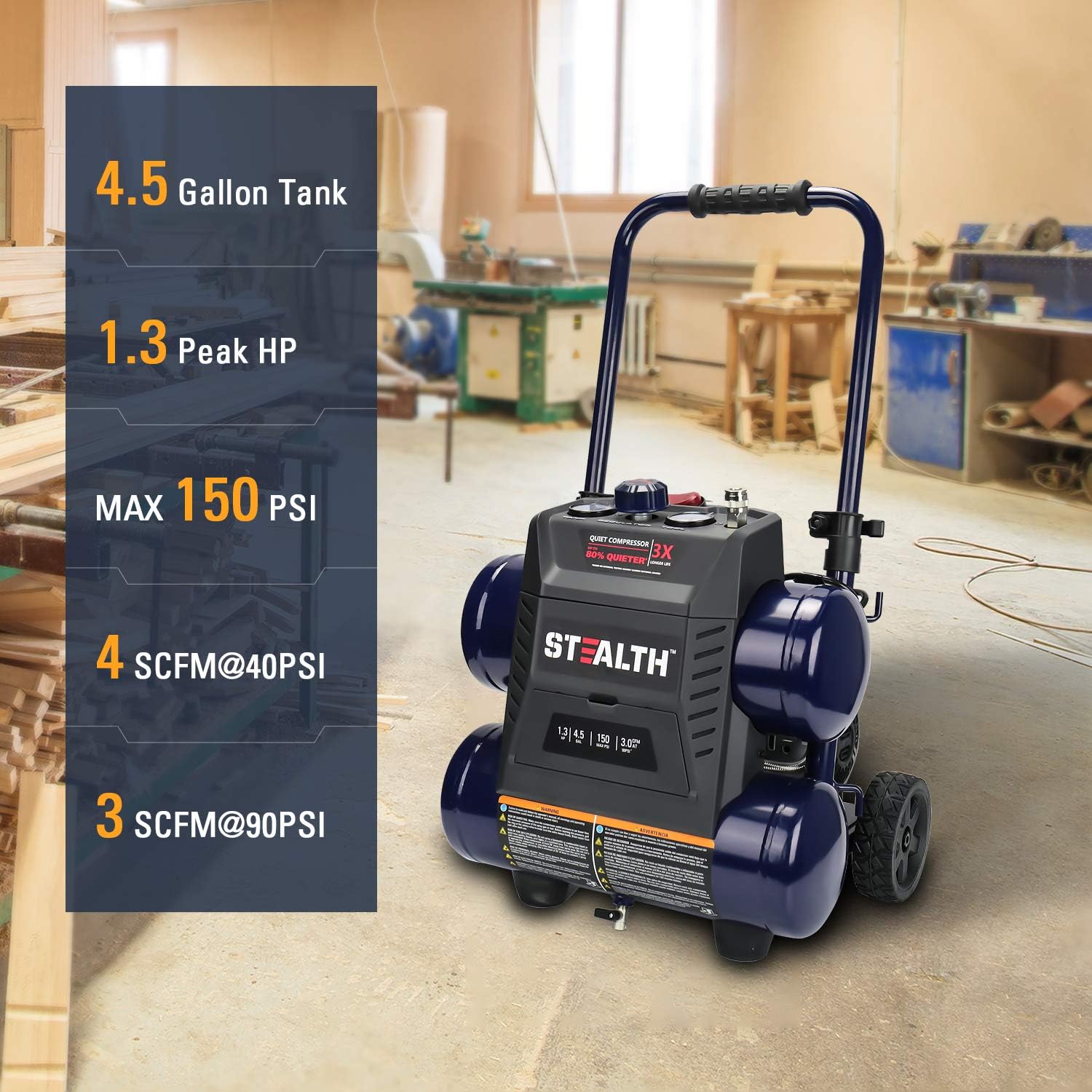 Stealth Quiet Air Compressor with Wheel, 64 Decibel 4.5 Gallon Peak 1.3 HP Max 150 PSI, Oil-Free Air Pump