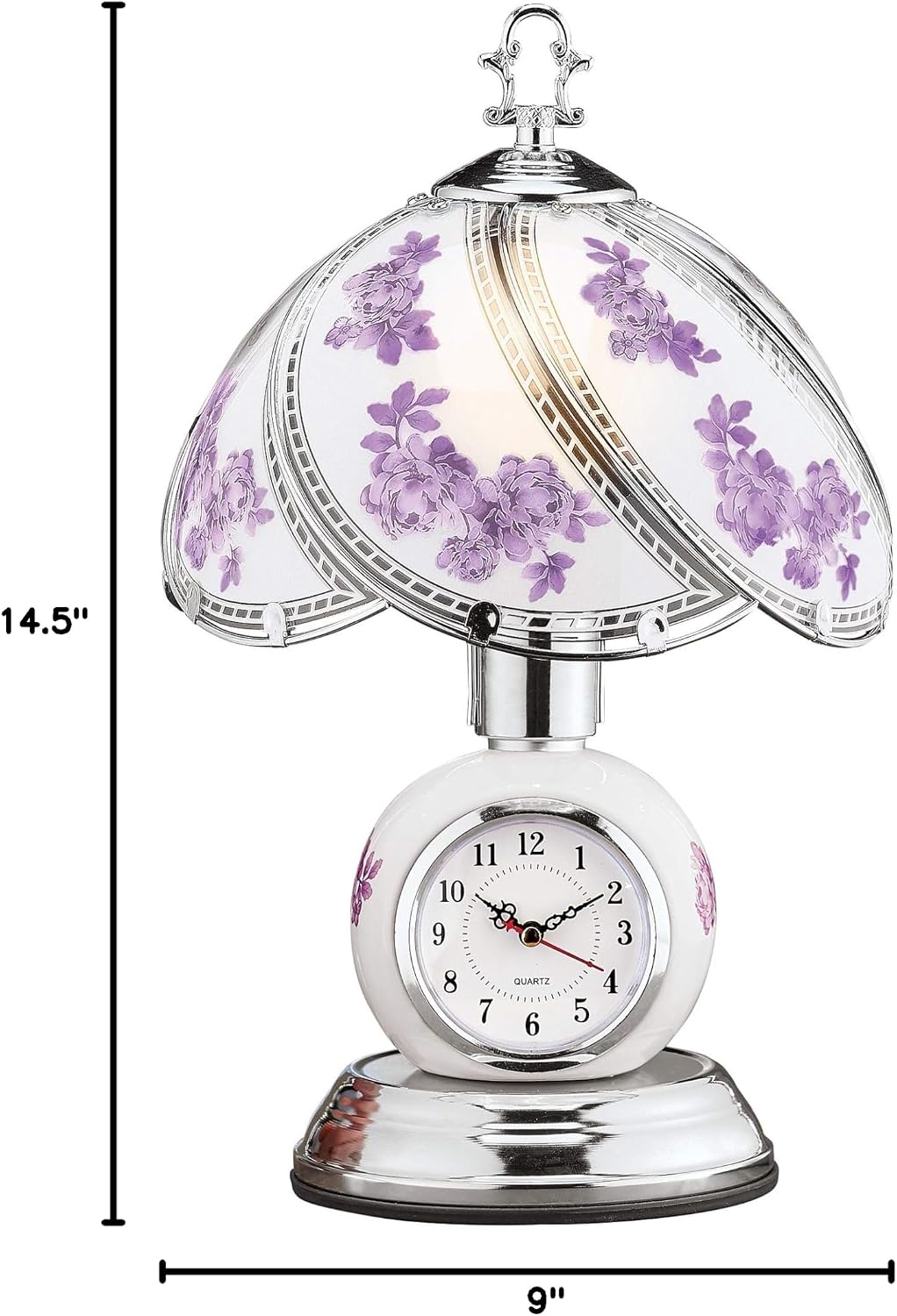 Collections Etc Rose Glass Panel Touch Lamp with Analog Clock - Silver-Toned Base - 3 Levels of Brightness - Glass, Metal - 9" Dia x 14.5" H