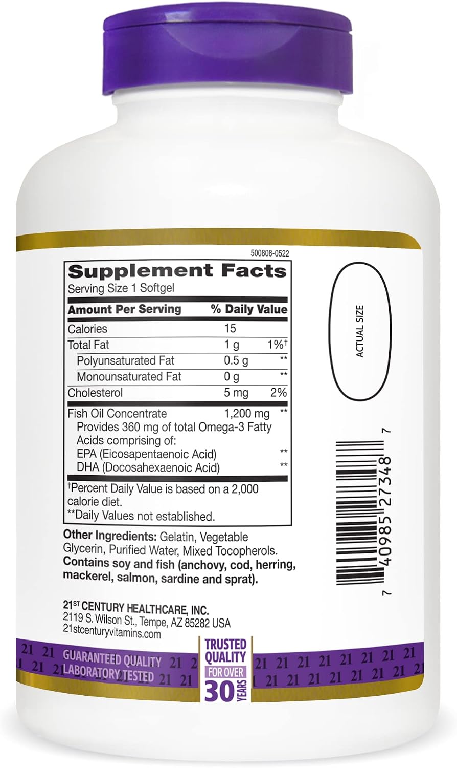 21st Century Fish Oil 1000mg Omega-3 Softgels, Mercury-Filtered, 120ct | Omega-3 Fish Oil with 300 mg EPA & DHA, Heart & Cardiovascular Health Support, Gluten Free, Non-GMO