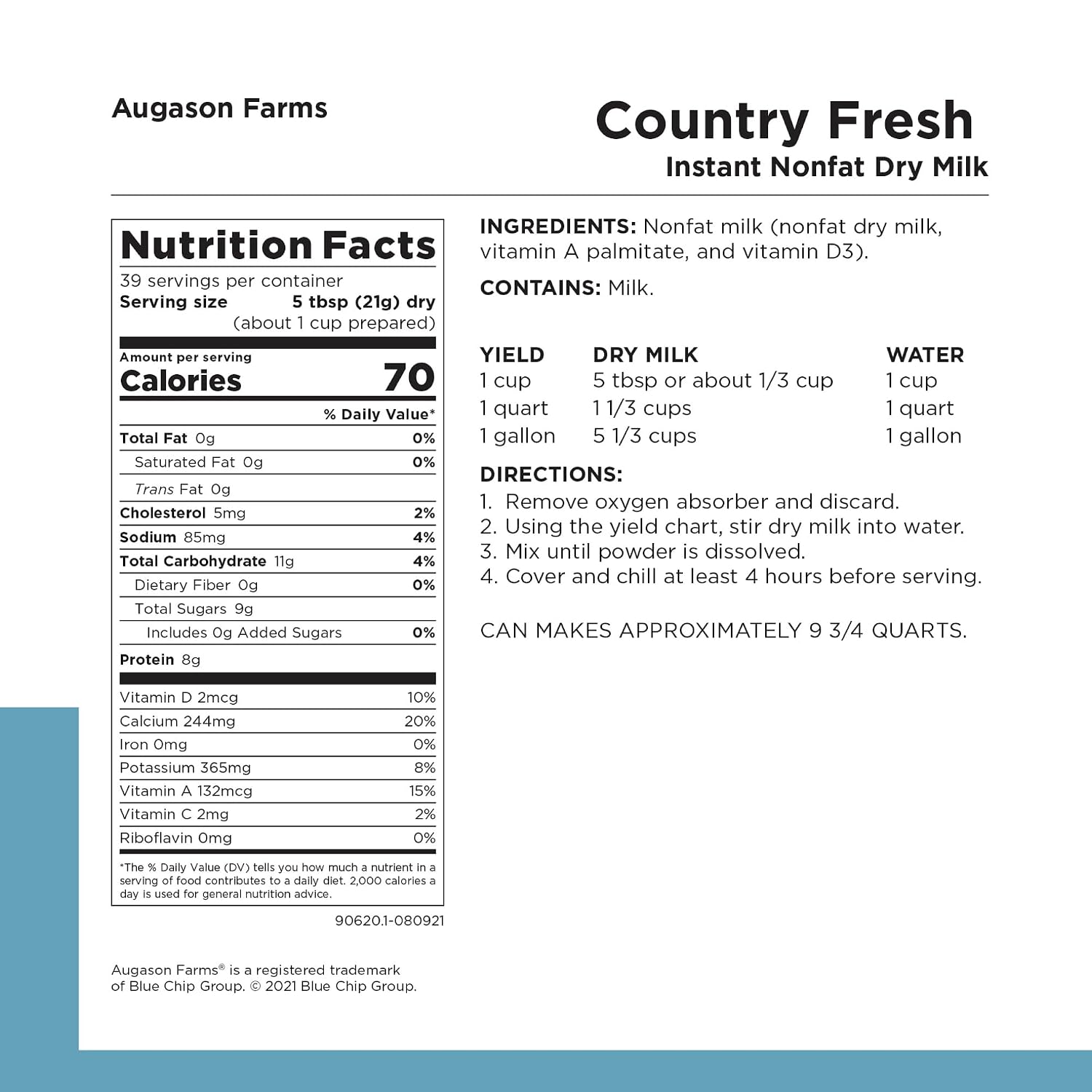 Augason Farms Country Fresh Instant Nonfat Dry Milk Powder | 39 Servings, 20 Year Shelf Life, Gluten Free