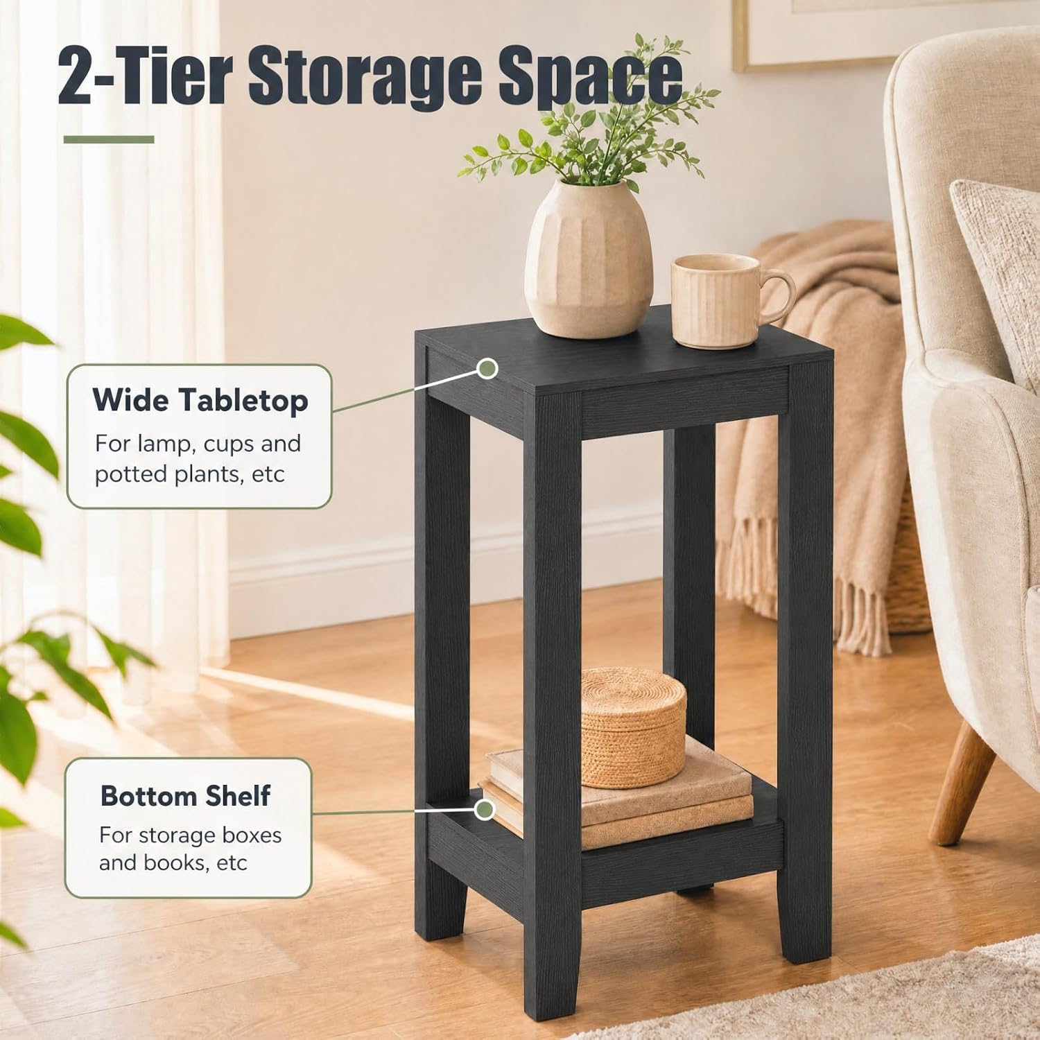 Giantex 2-Tier End Table Nightstand, Bedside Sofa Table for Living Room Bedroom, Narrow Telephone Table with Shelf and Legs for Small Spaces, Espresso