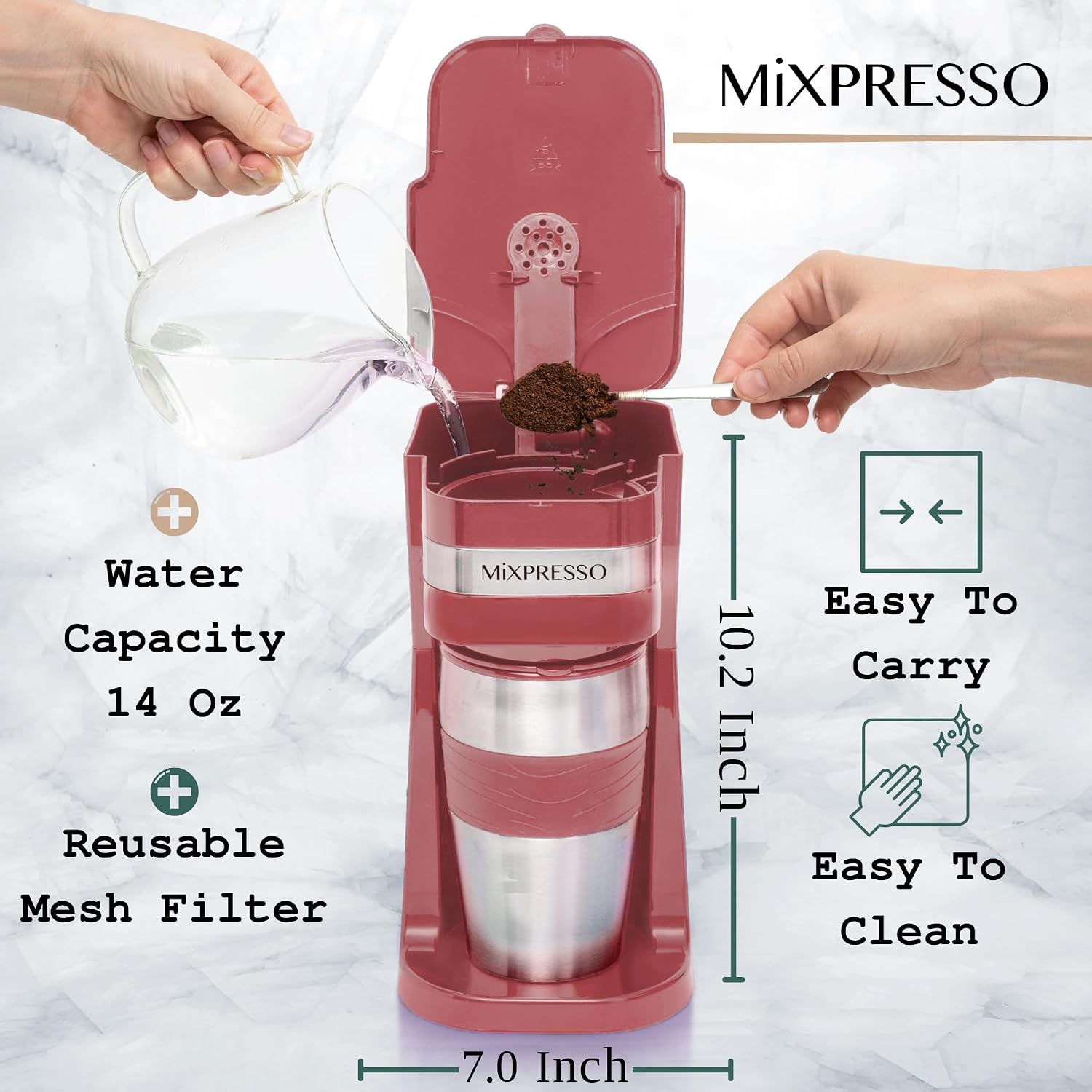 Mixpresso Single Serve & Single Cup Coffee Maker with 14oz Travel Mug Black | For ground coffee only, reusable filter, auto shut off. Compact personal drip coffee maker, not compatible with K-Cup pods.