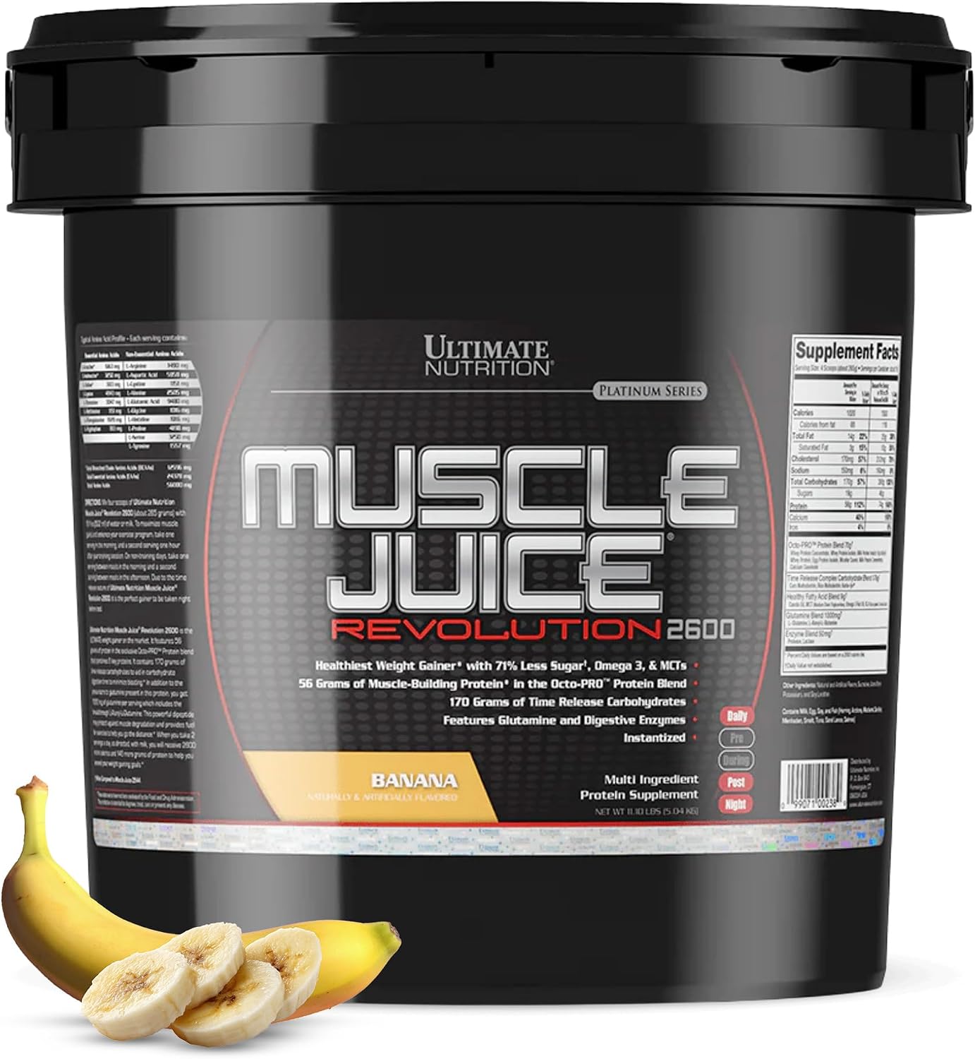 Ultimate Nutrition Muscle Juice Revolution 2600 Weight Gainer, Muscle Recovery with Glutamine, Micellar Casein and Time Release Complex Carbohydrates, Banana Protein Powder, 4.69 Pounds | 70g Octo-PRO™ Protein Blend, 175g Time-Release Carbs, 1000mg Gluta…