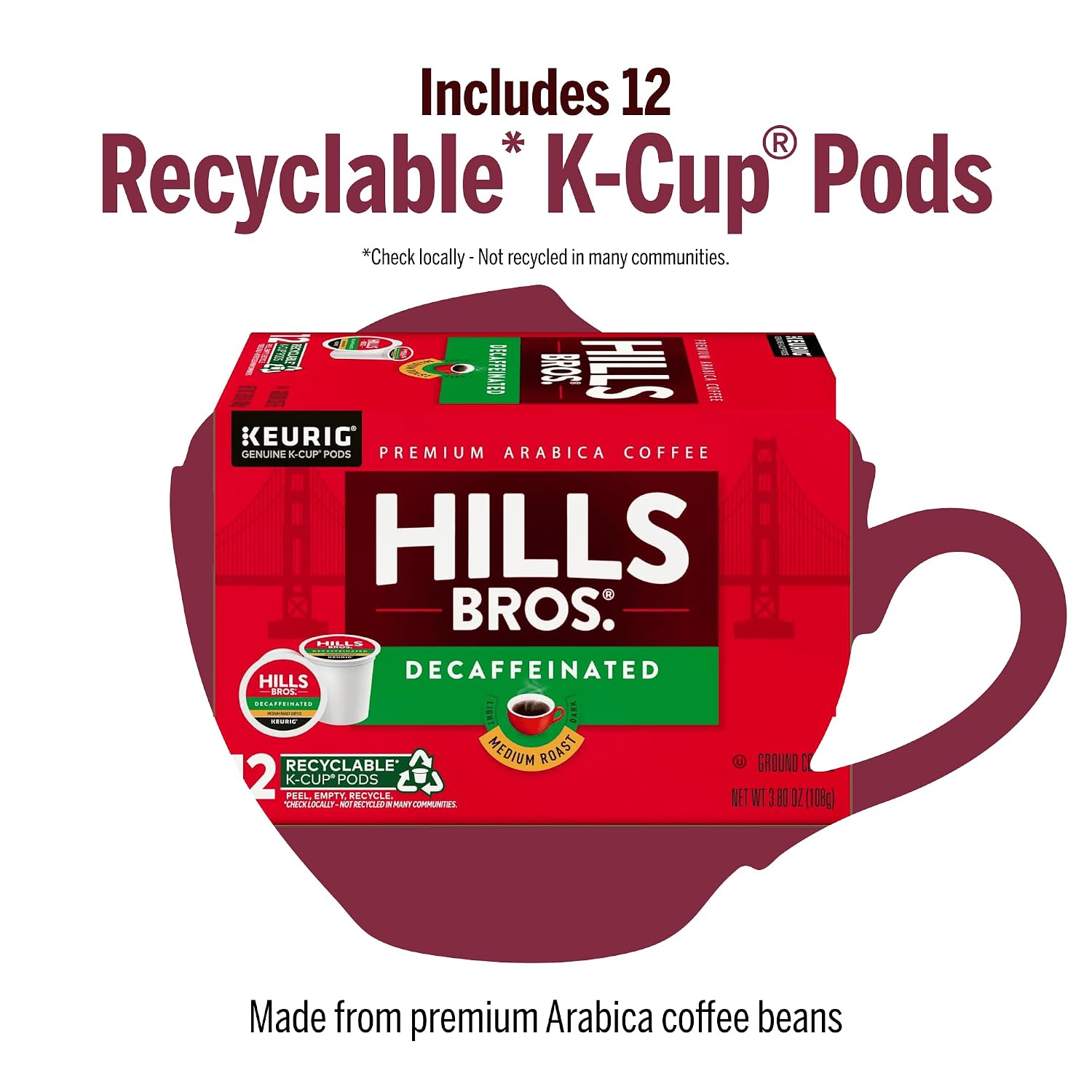 Hills Bros Single Serve Coffee Pods, 100% Colombian Ground Coffee, Medium Roast, 12 Count – Keurig Compatible, Roasted 100% Arabica Beans, Smooth Balanced Flavor
