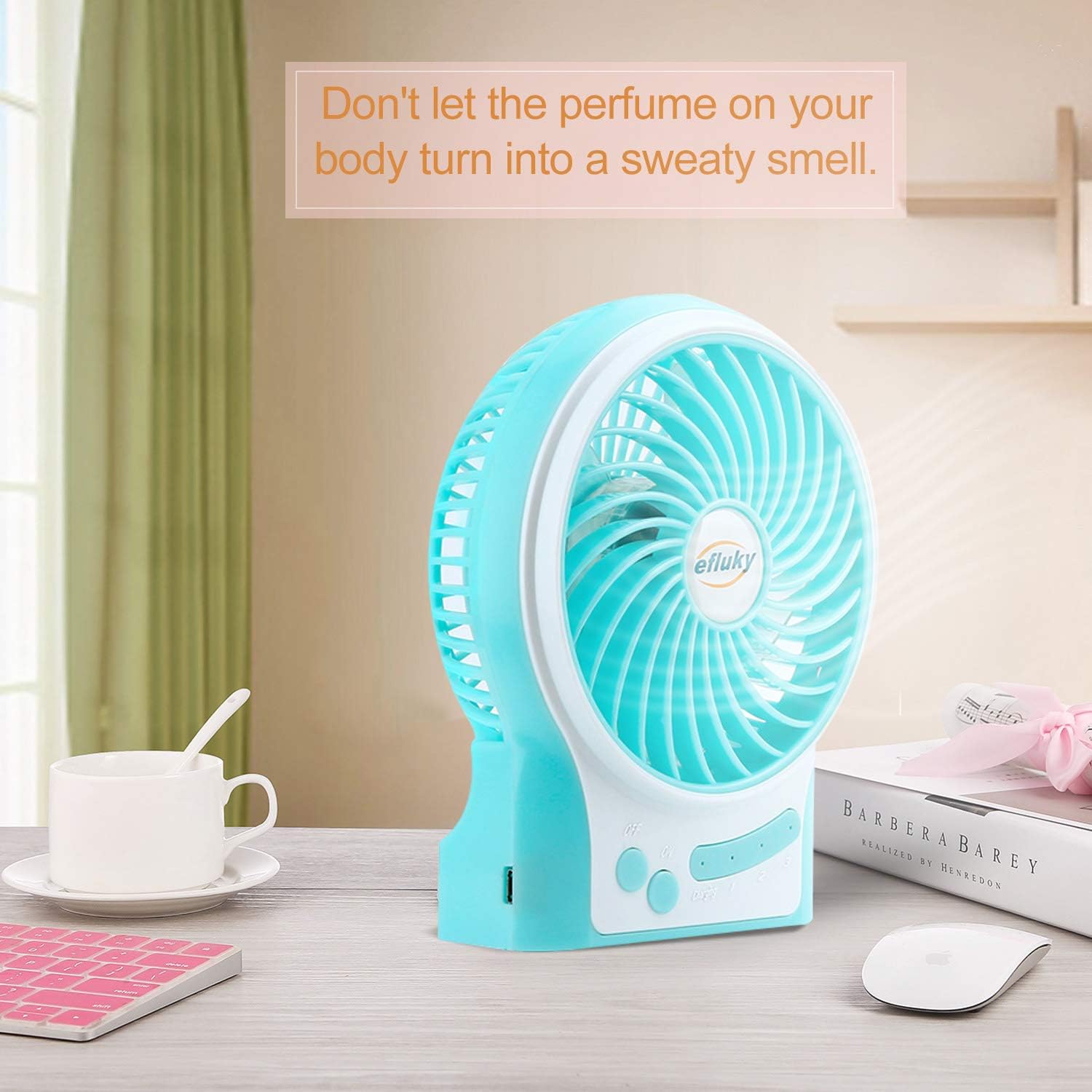 efluky 4.9-Inch Mini Desk Fan - 3 Speeds, Rechargeable Battery/USB Powered with LED Light, Quiet Portable Fan for Home, Office, Travel, Camping (Black)