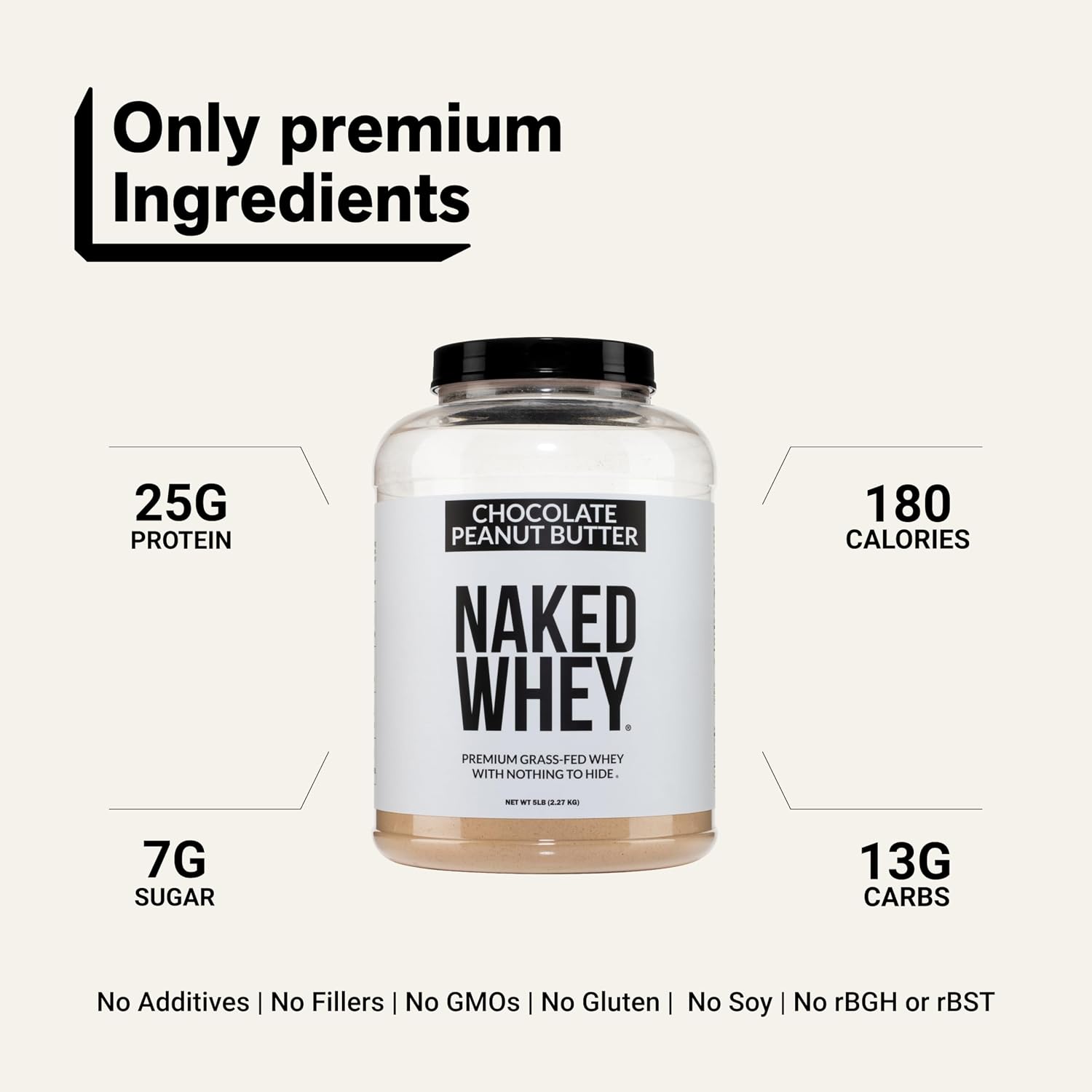 NAKED Whey 5LB 100% Grass Fed Unflavored Whey Protein Powder - Only 1 Ingredient, NSF Certified, Undenatured, Gluten Free, Soy Free, Promote Muscle Growth and Recovery - 76 Servings