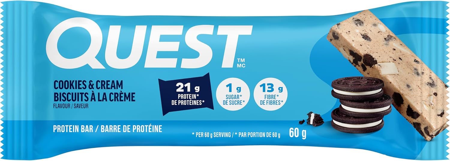 Quest Nutrition Oatmeal Chocolate Chip Protein Bars, 20g Protein, 12 Count | 12g Fiber, 5g Net Carbs, 1g Sugar, Gluten Free, High Quality Protein, Soft and Chewy, Individually Wrapped 2.12oz Bars