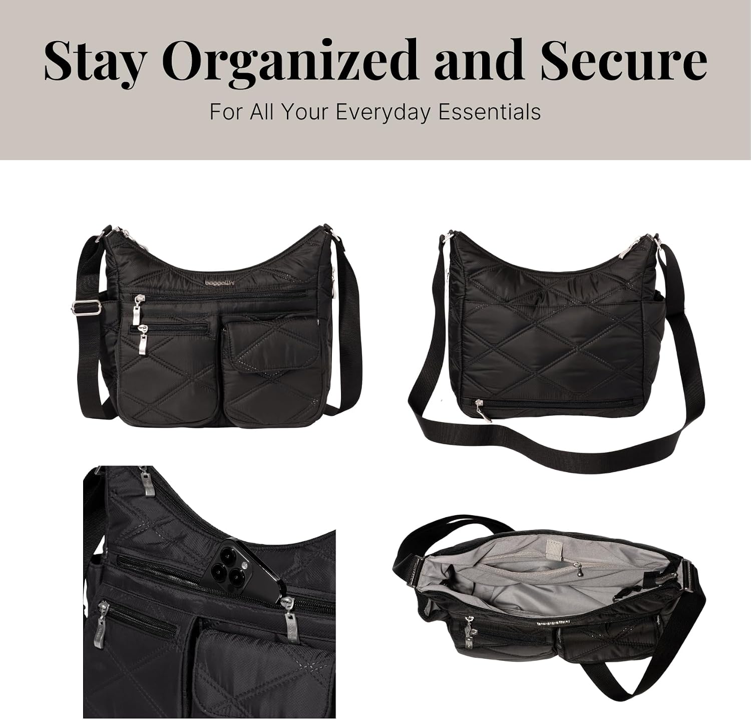 Baggallini womens Everywhere Bagg Crossbody Women 11x9 Lightweight Nylon Hobo Water-resistant Travel Bag W/Rfid