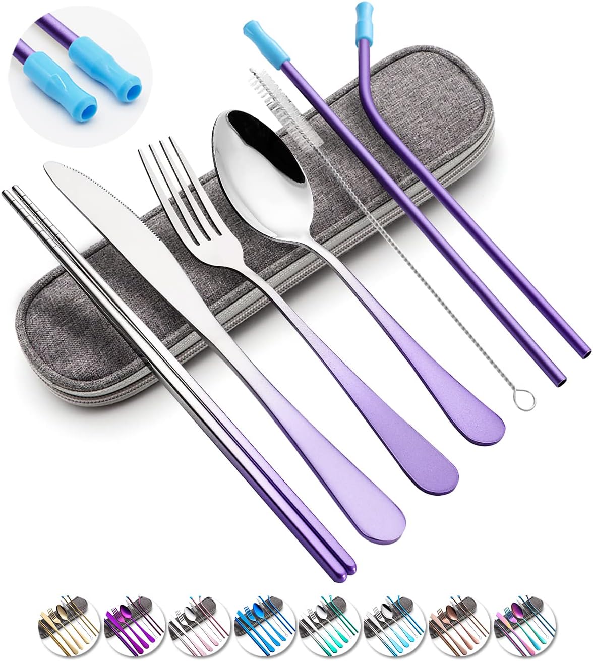 Travel Utensils Set with Case Reusable Portable Cutlery Set Stainless Steel 8pcs Including Dinner Knife Fork Spoon Chopsticks Straws(Rainbow)