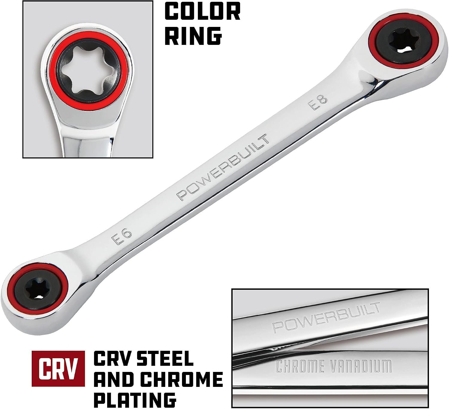 Powerbuilt E10/E12 Ratcheting Double Box-End E-Torx E-Star Wrench, 72-Tooth Ratcheting Wrench with 5-Degree Swing for Tight Spaces - 641760