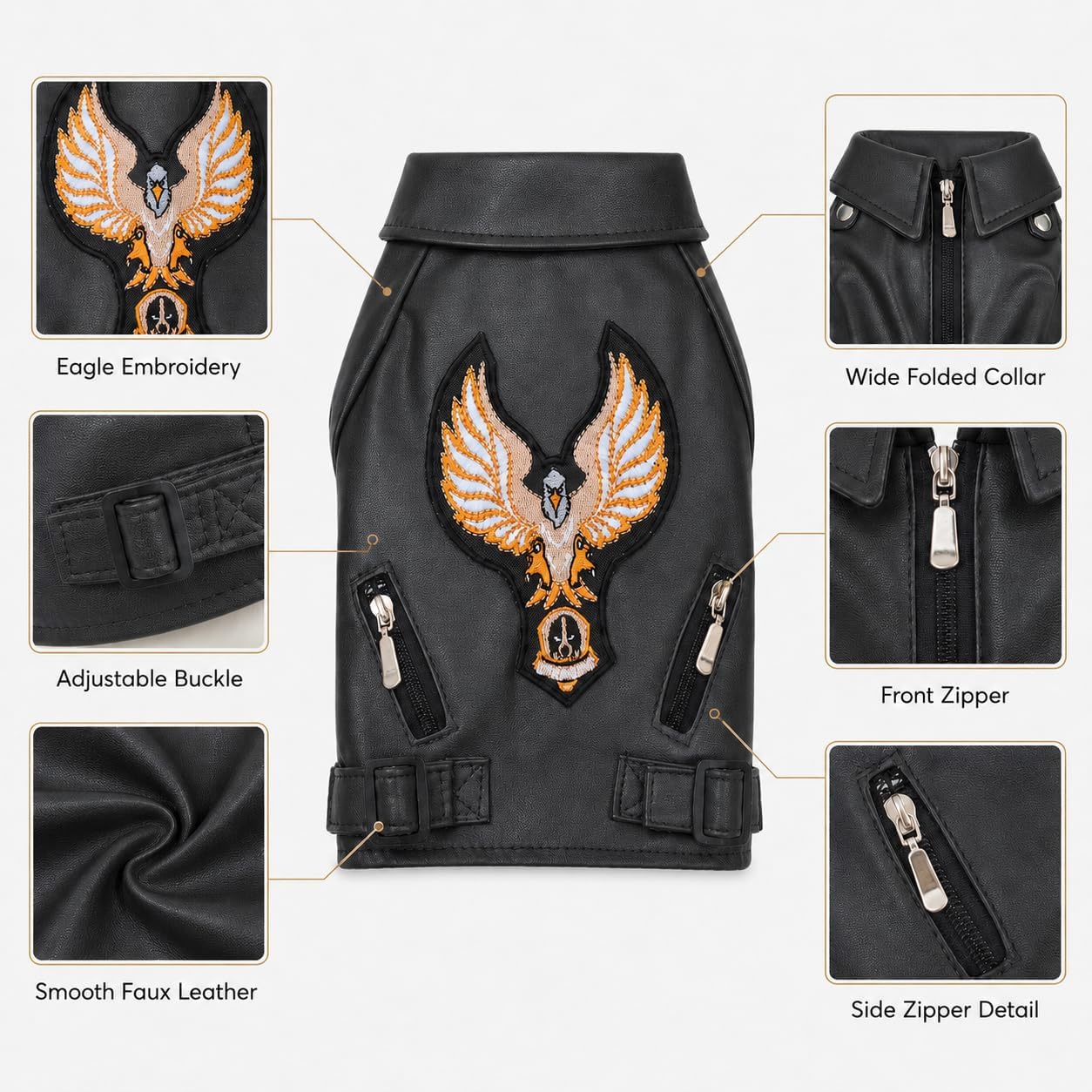 Lovelonglong Cool Dog Leather Jacket, Warm Coats Dogs Windproof Cold Weather Coats for Large Medium Small Dogs with Eagle Embroidery Black XS