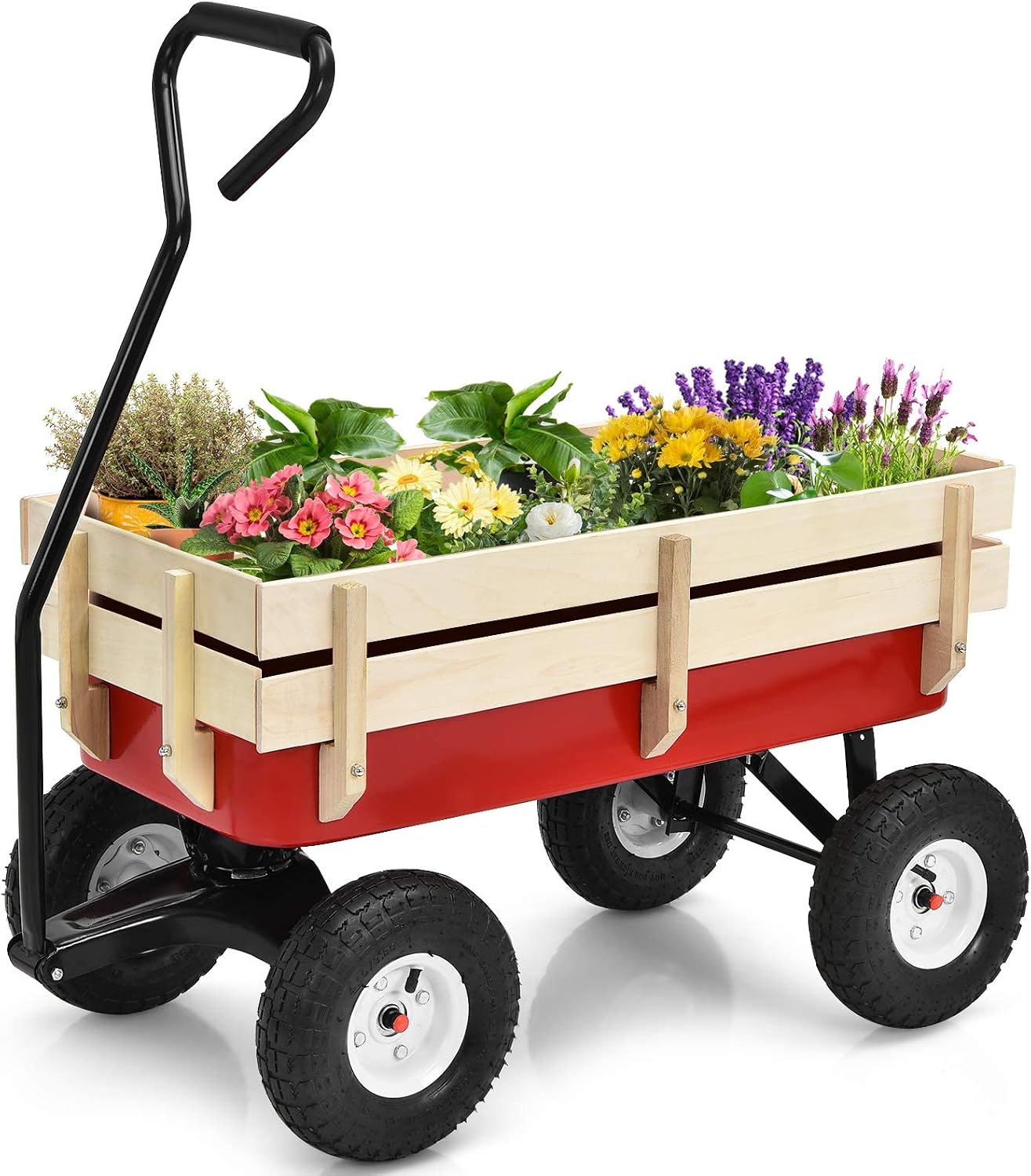 ReunionG Garden Cart with Free-Rotating Wood Railing, Kids Outdoor Wagon with Rubber Wheels, All Terrain Cargo Wagon with 330lbs Weight Capacity, Red