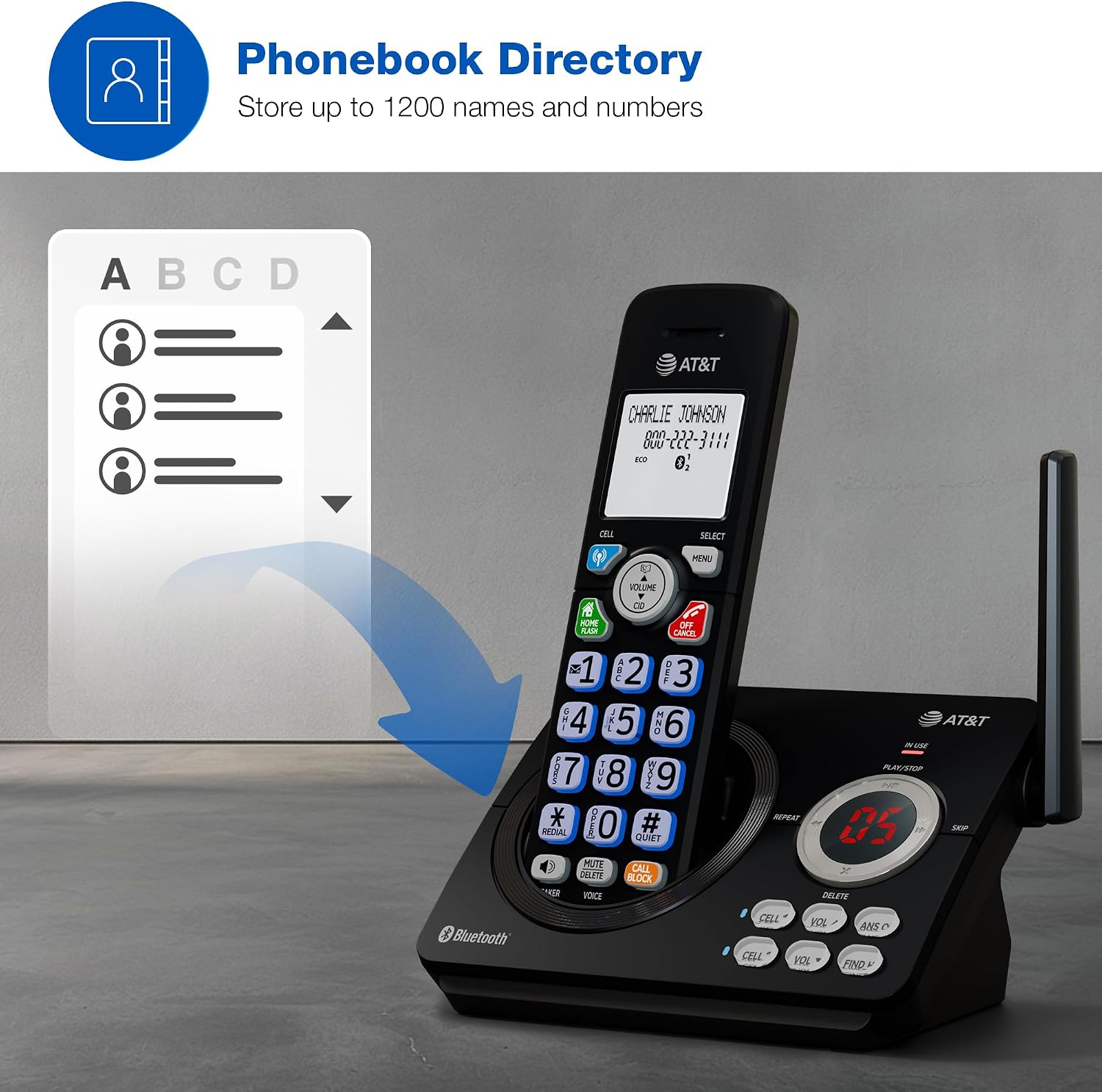 AT&T DL72219 DECT 6.0 2-Handset Cordless Phone for Home with Connect to Cell, Call Blocking, 1.8" Backlit Screen, Big Buttons, intercom