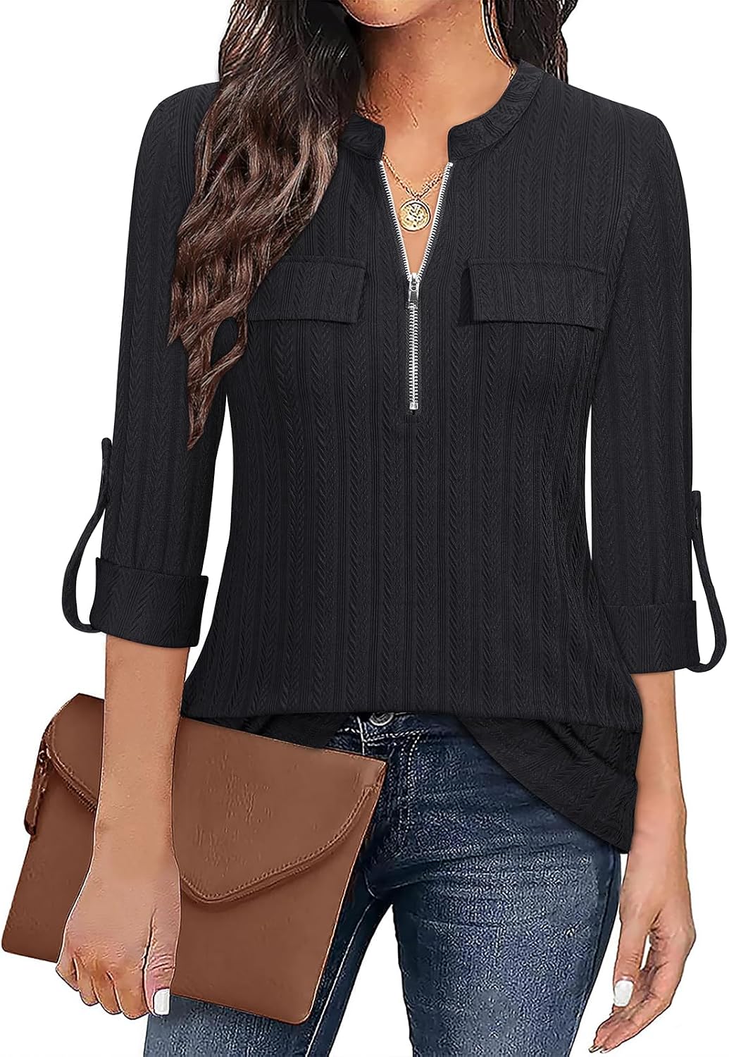 Tanst Sky Womens Casual Long Sleeve Zipped V Neck Plaid Tunic Blouses