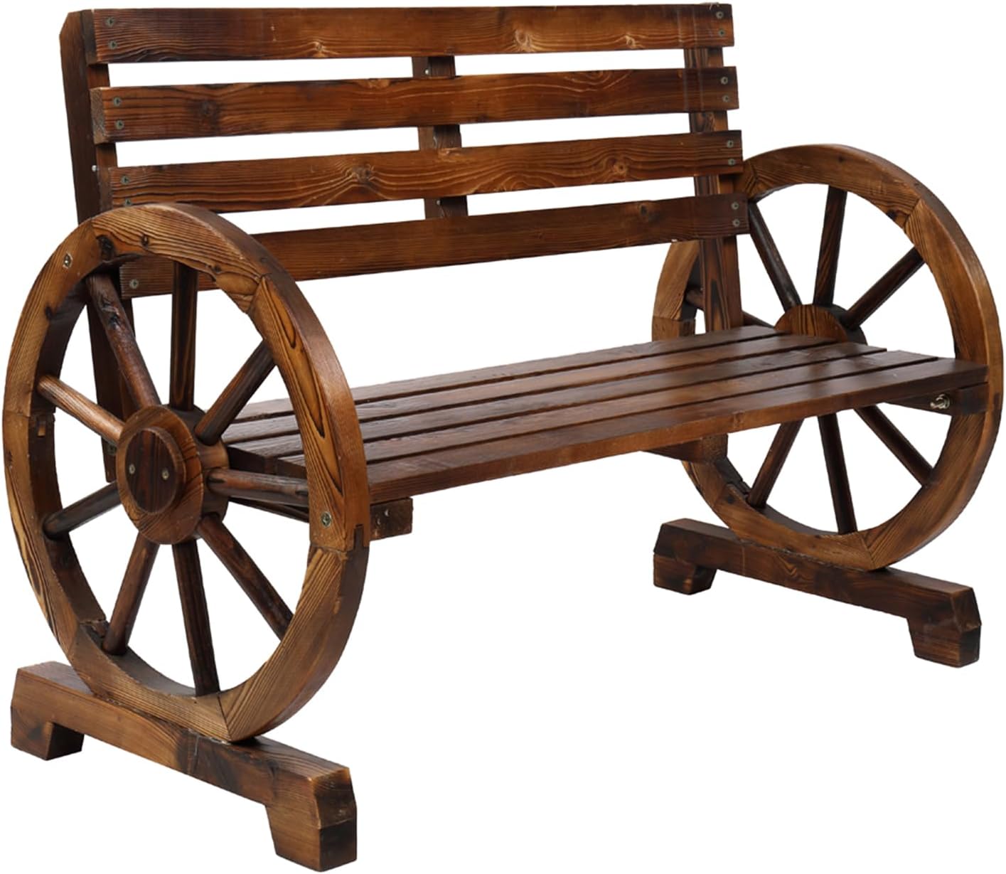 VINGLI Rustic Wooden Wheel Bench Outdoor Bench, Patio Bench Wagon Slatted Seat, Garden Benches for Outdoors 350lbs High Capacity