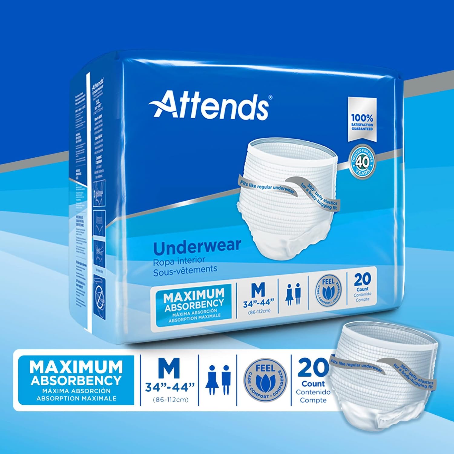 Attends Adult Absorbent Underwear, Medium, AP0720, Maximum, 80 ct | Disposable Pull-On Diapers with Tear-Away Sides and Breathable Waistband