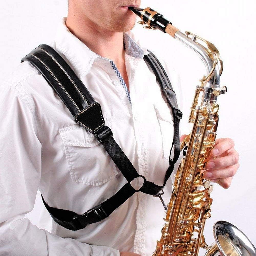 Rayzm Sax Strap,Universal Double Shoulder Leather Strap for Sax,Adjustable Padded Harness Strap for Alto Tenor Baritone Sax