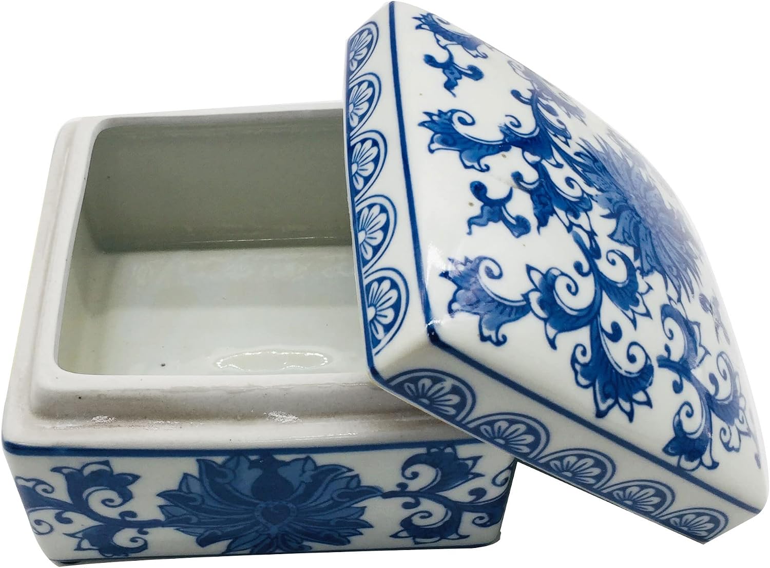 Blue & White China Lotus Floral Pattern Chinoiserie Square Ceramic Storage Box Jewelry Trinkets Organizer